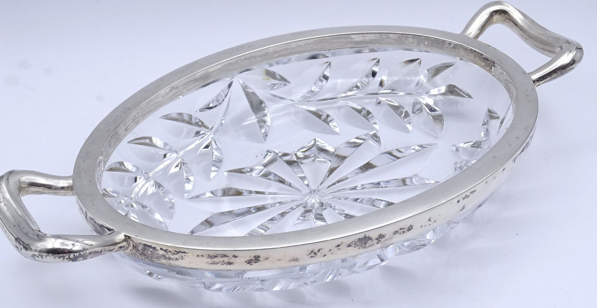 Ovale Glas Henkelschale mit Silberrand 0.800, 24,5x13,5cm