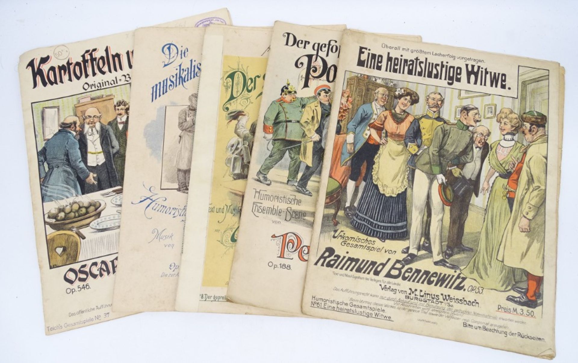 5 alte Notenbücher für humoristische Ensembles, ca. 1900, mit Altersspuren