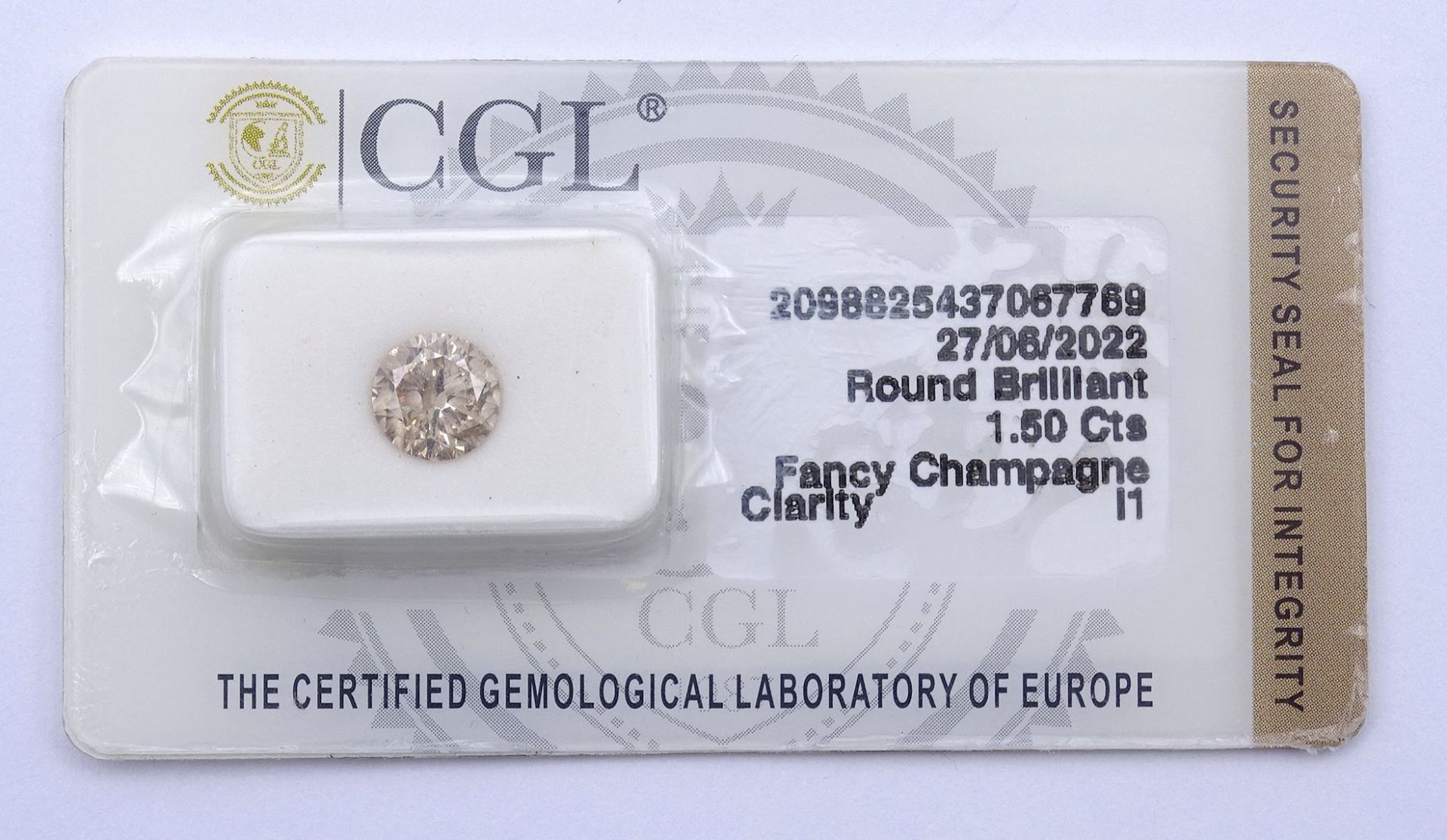 Loser Brillant 1,50ct., Fancy Champagne , I1, mit CGL Zertifikat - Bild 3 aus 4