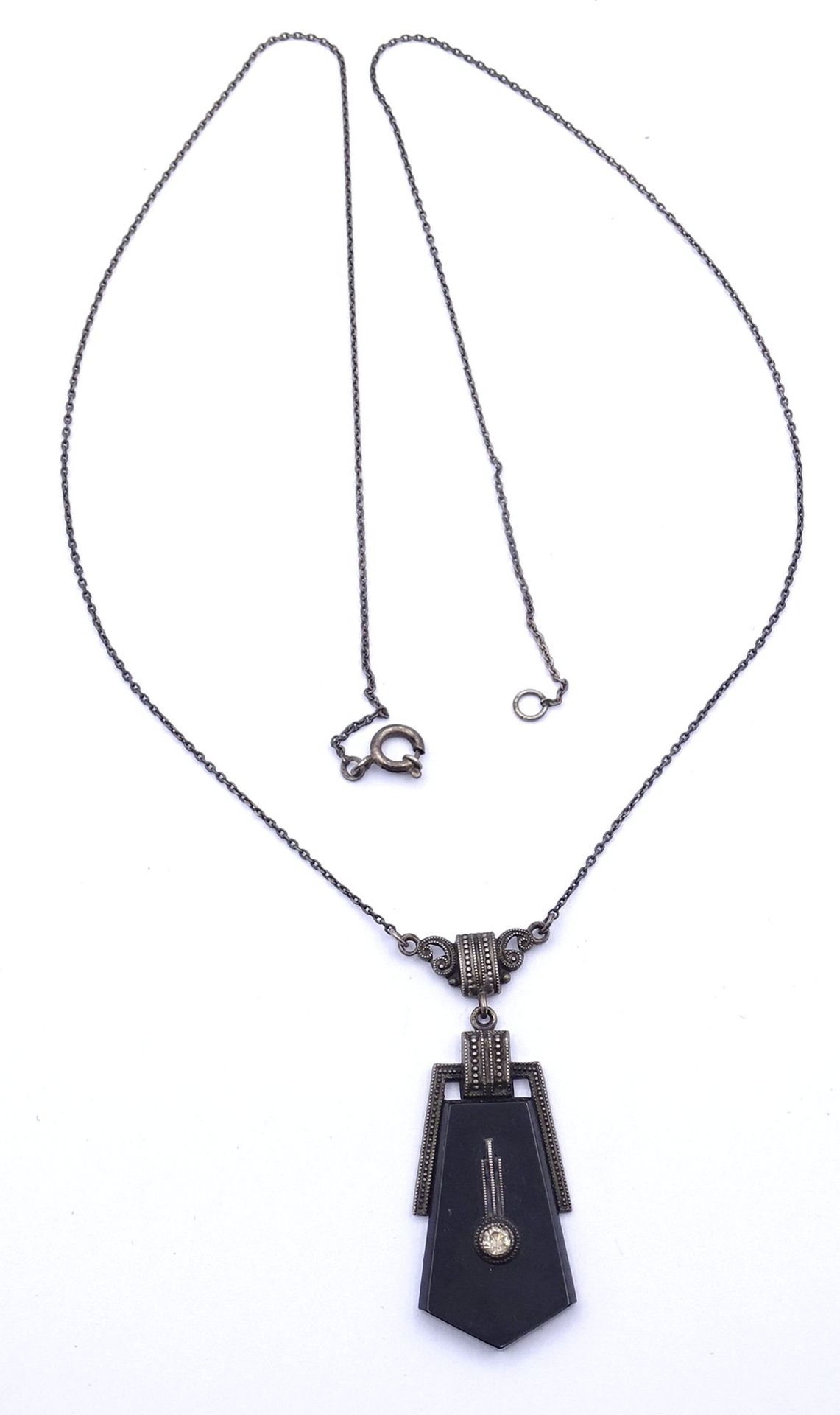Altes Silber Collier 0.830 mit Onyx und Strass, L. 53cm, 6,3g. - Bild 4 aus 4