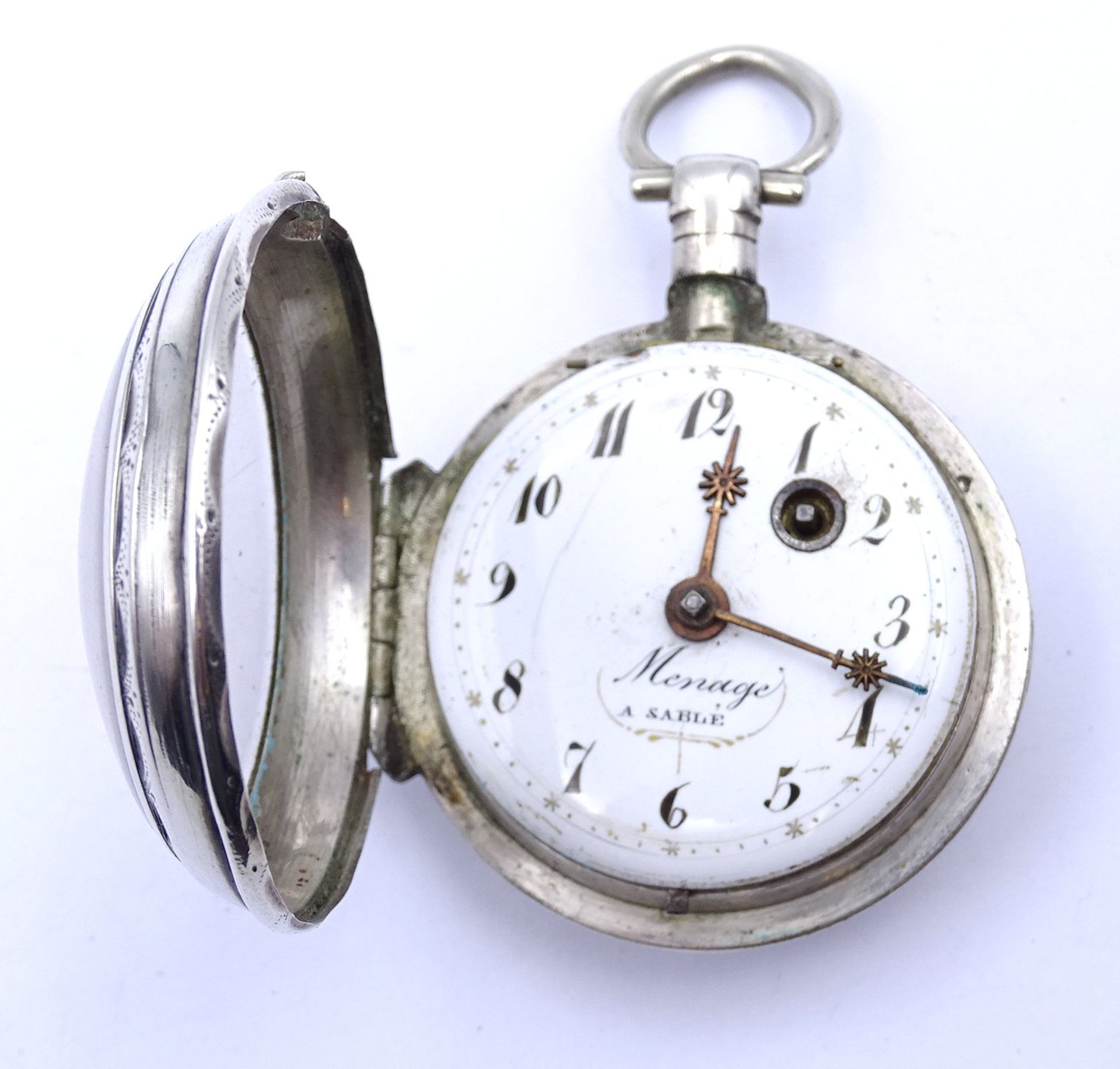 Alte Spindeltaschenuhr Menage A. Sable, Silbergehäuse, D. 46mm, Schlüsselwerk, Schlüssel nicht anbe - Image 4 of 9