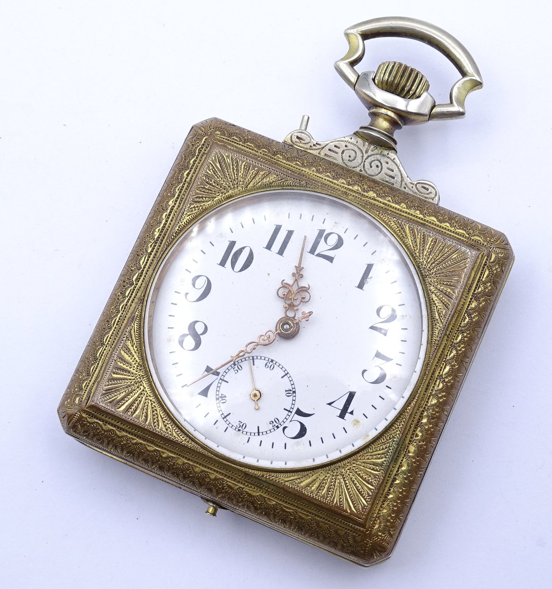 Alte große eckige Taschenuhr mit Emaille Malerei auf Rückendeckel, Sternenbild und Seeansicht, mech - Bild 2 aus 8
