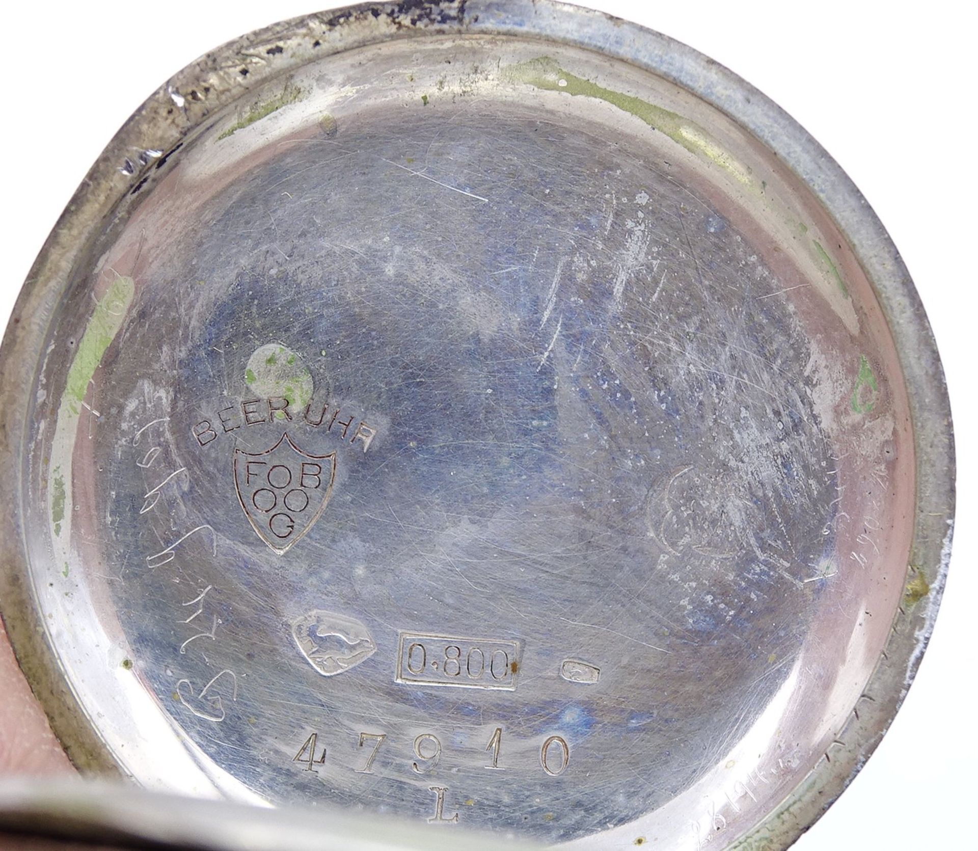 "Beer Uhr" Taschenuhr F. Beer-Grüring, Silbergehäuse 0.800, D. 32mm, mechanisch, verso mit Monogram - Bild 5 aus 6