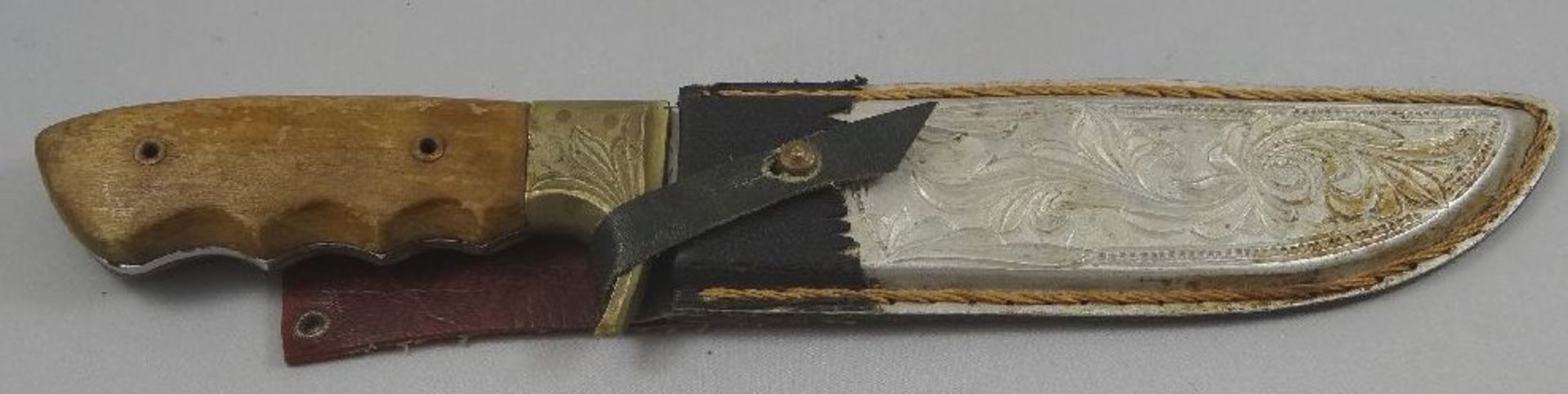 altes Jagdmesser "Aitor" Spain, Lederscheide, Holzgriff, Gebrauchsspuren, L-31,5 cm