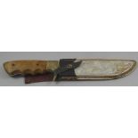 altes Jagdmesser "Aitor" Spain, Lederscheide, Holzgriff, Gebrauchsspuren, L-31,5 cm