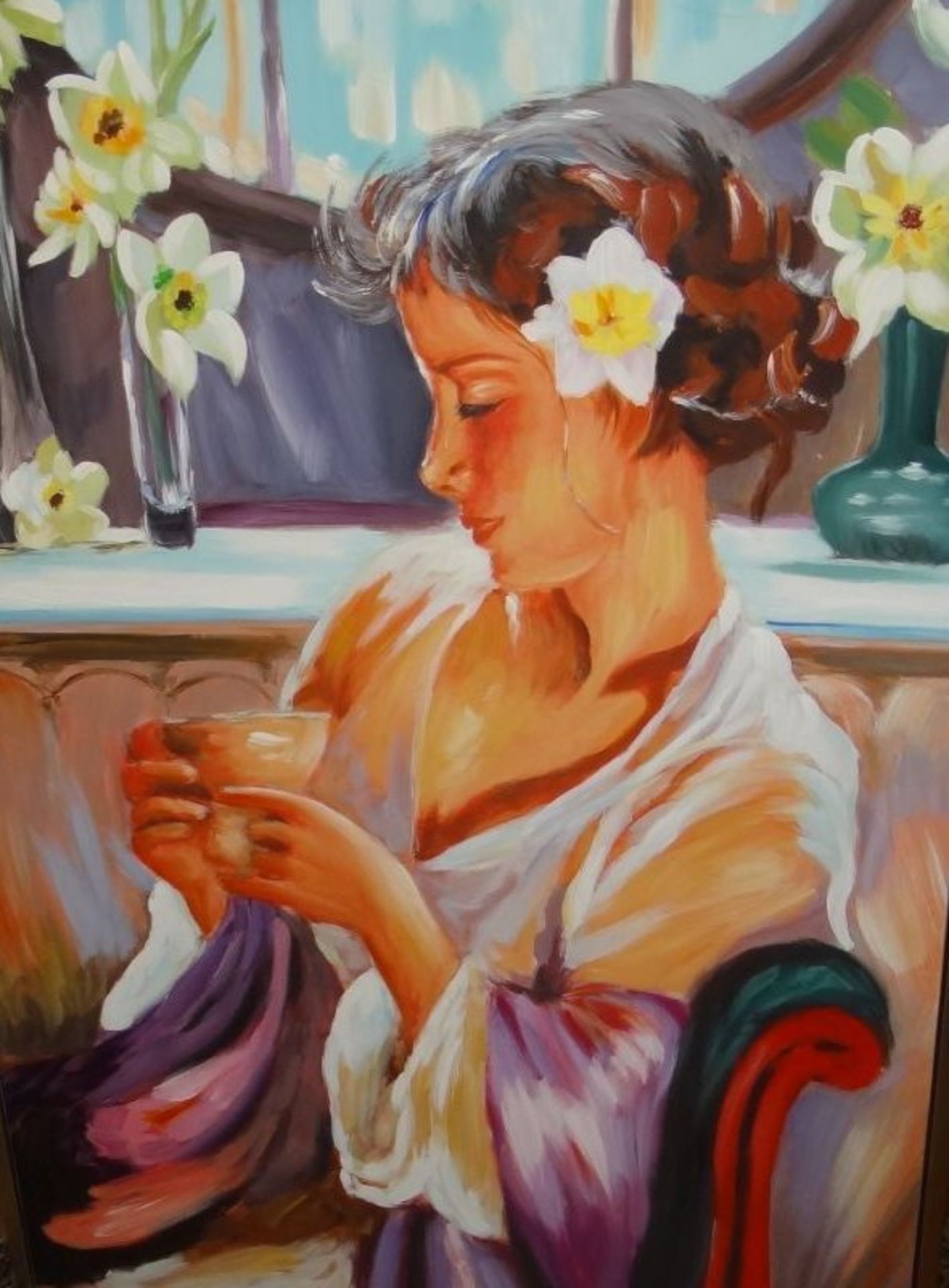 unleserl. signiertes gr. Gemälde "Teetrinkende Dame" Öl/Leinen, gerahmt, RG 124x83 cm