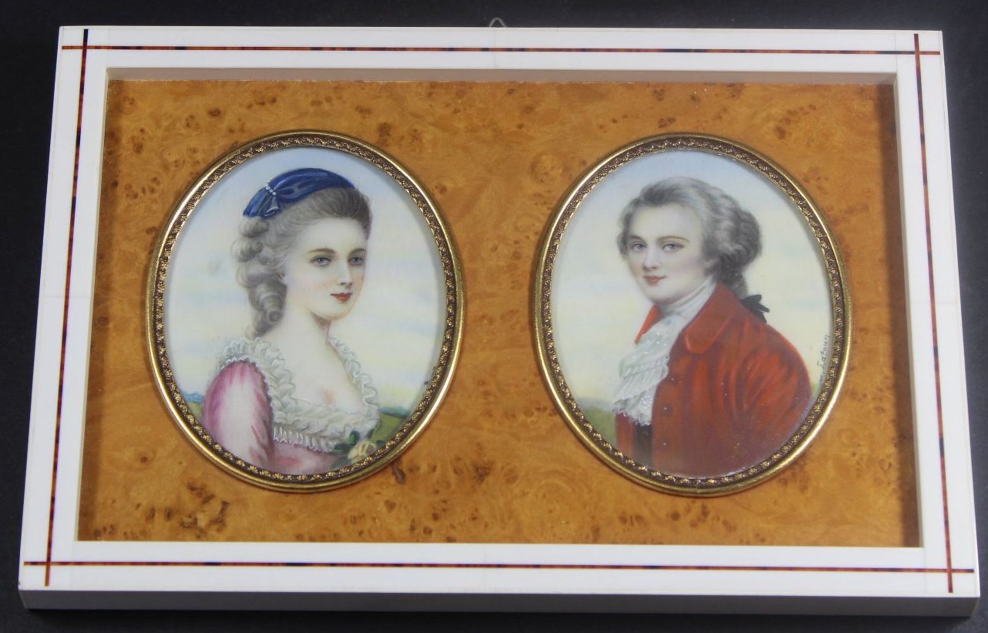 Doppel Miniaturportraits "Mozart und Braut", gerahmt, RG 14x20 cm