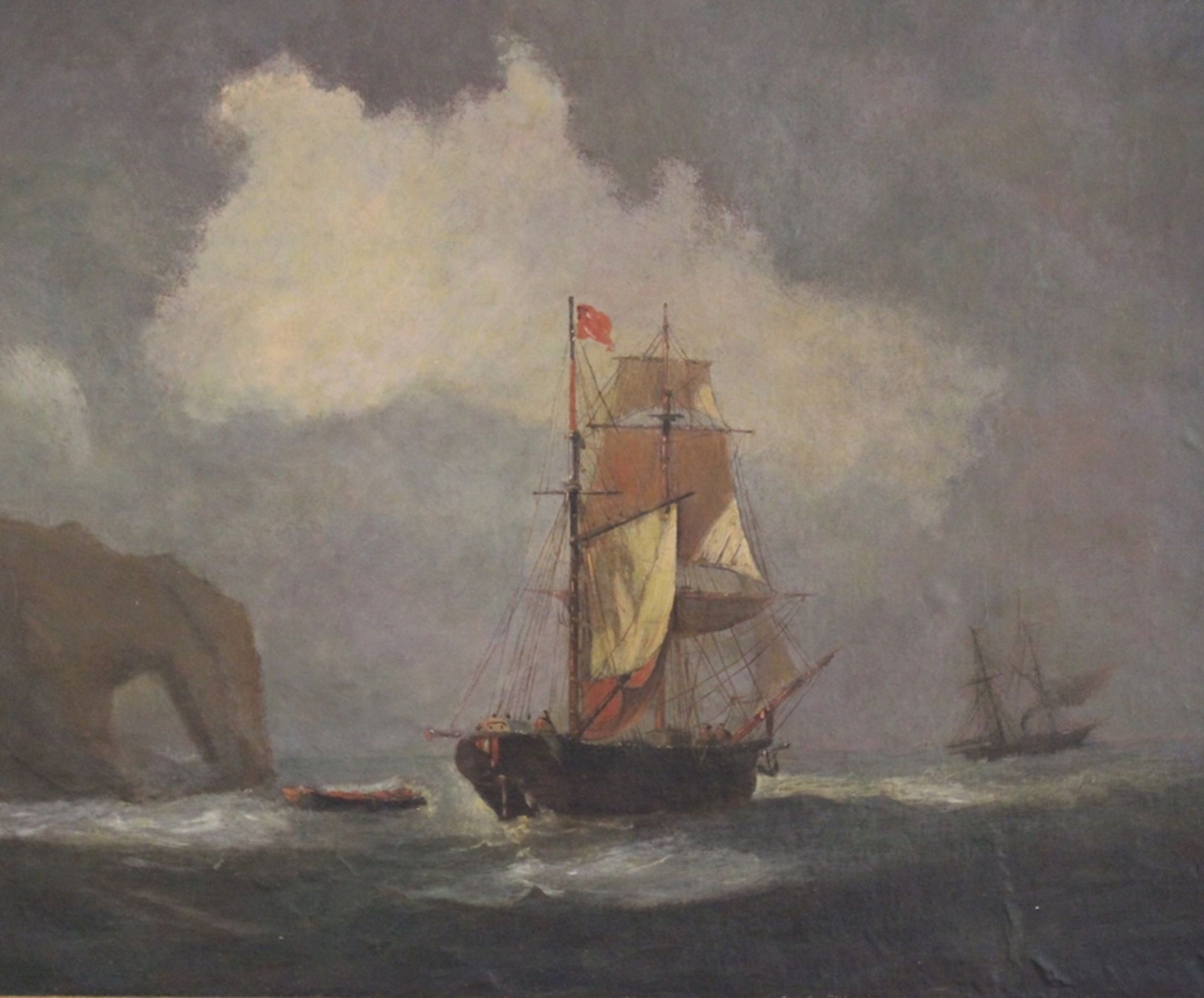 anonyme Segelschiffdarstellung, 18./19. Jhd., Öl/Leinwand, gut gerahmt, RG 74 x 84cm.