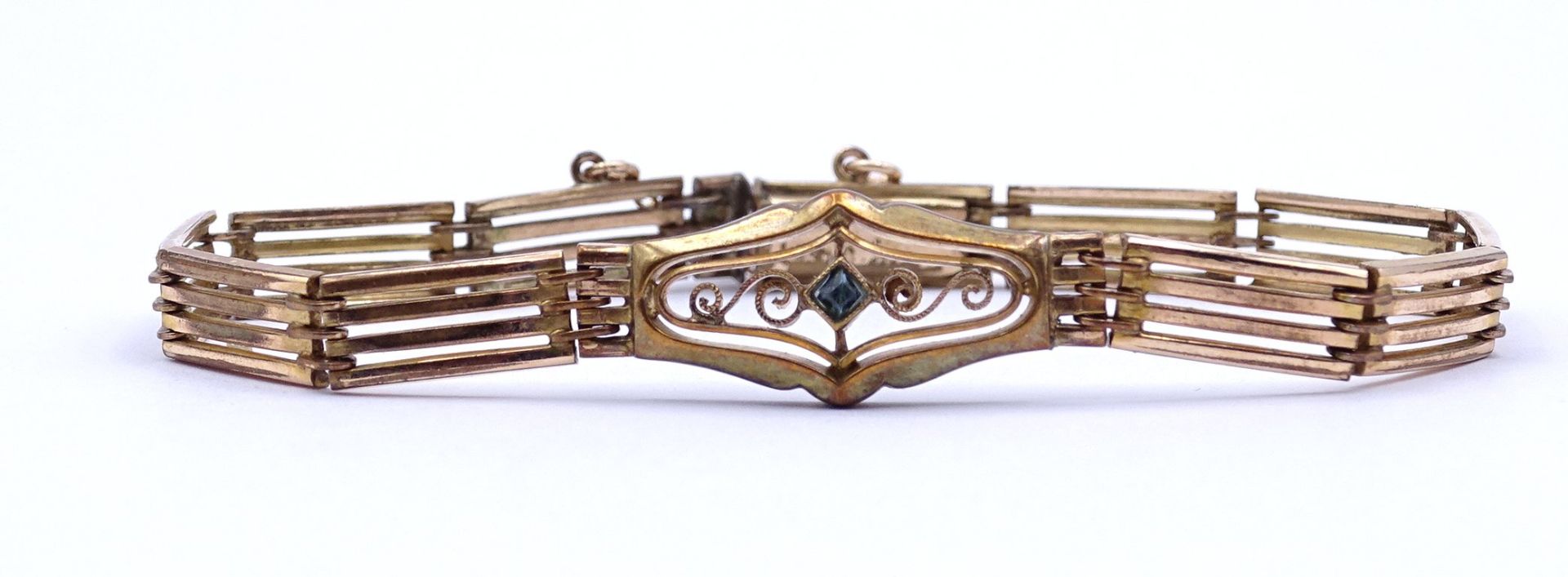 Jugendstil Armband mit einem blauen Stein, goldfarben, L. 18cm, Alters- und Gebrauchsspuren