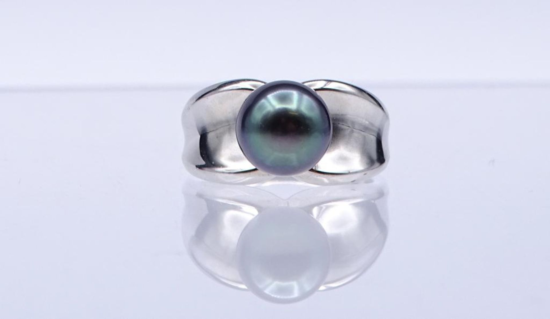 Perlen-Ring 925ér Sterlingsilber 9,5 g, mit einer 9 mm Zuchtperle, dunkelgrau, RG 53