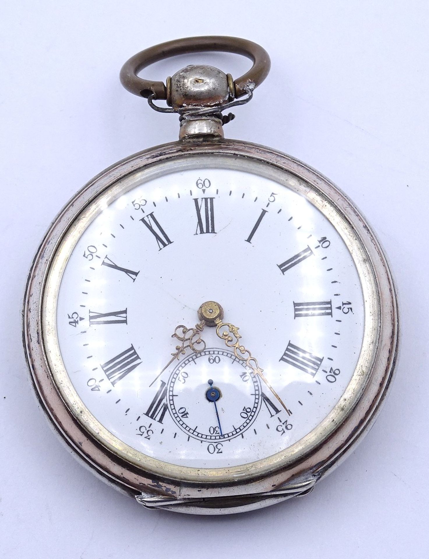 Herren Taschenuhr Silbergehäuse 0.800, Schlüsselwerk, Werk nicht getestet,D. 48mm, Alters- und Gebr