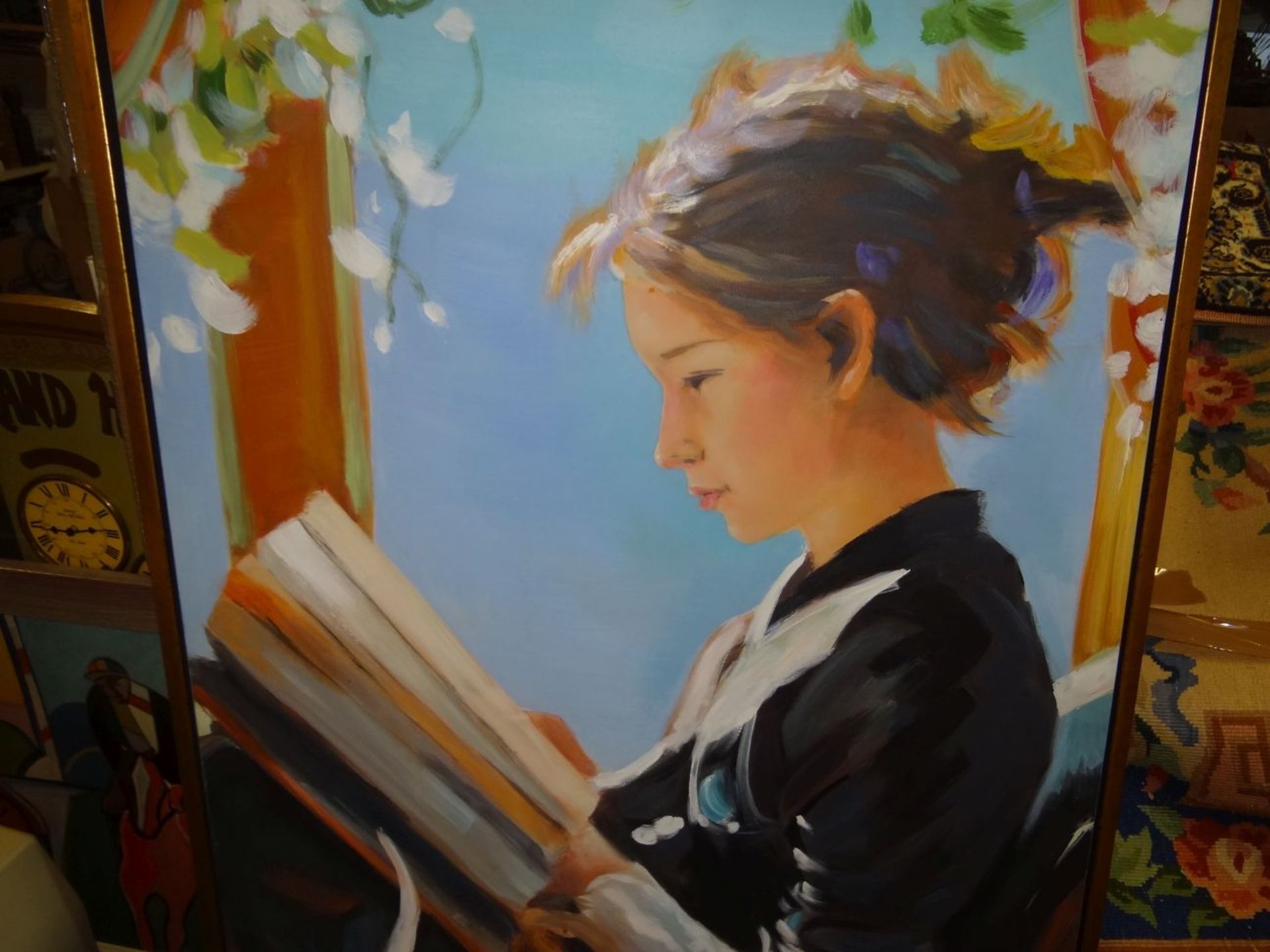 unleserl. signiertes gr. Gemälde "Lesende junge Frau" Öl/Leinen, gerahmt, RG 125x83 cm - Bild 2 aus 4