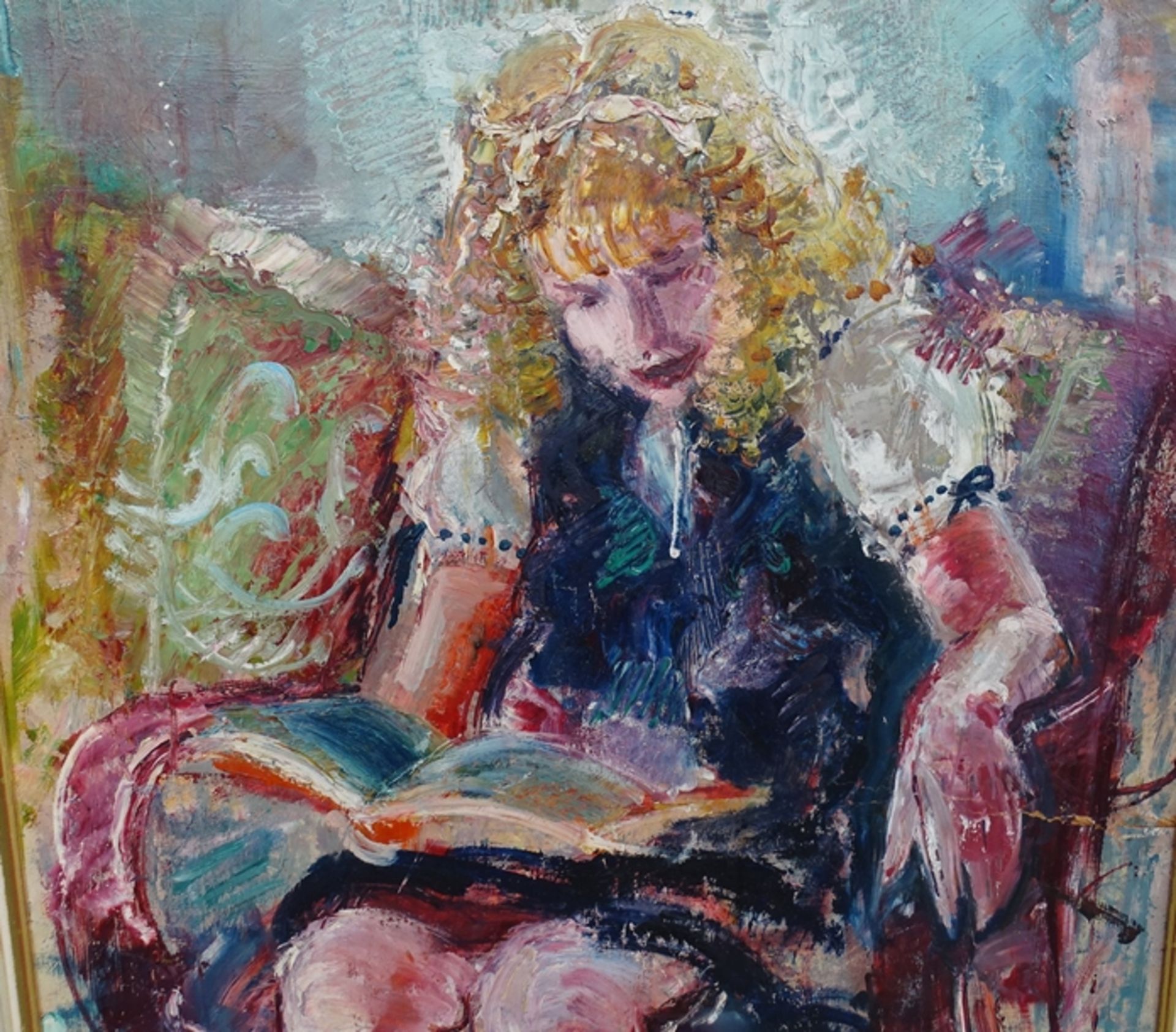 unsigniertes Gemälde, Mädchen mit Buch, Öl/Platte, gerahmt, RG 88x79cm - Bild 2 aus 6