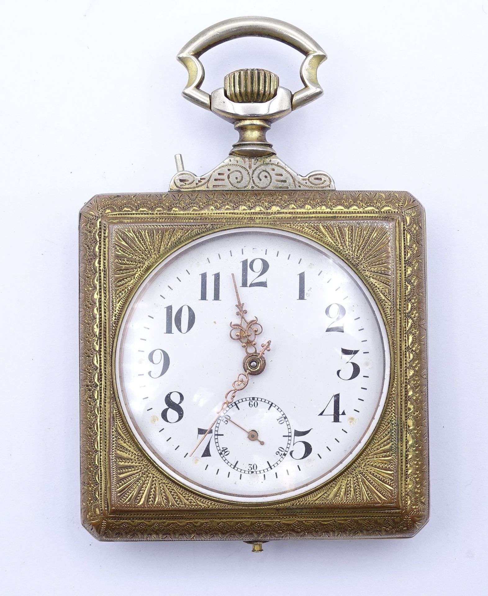 Alte große eckige Taschenuhr mit Emaille Malerei auf Rückendeckel, Sternenbild und Seeansicht, mech