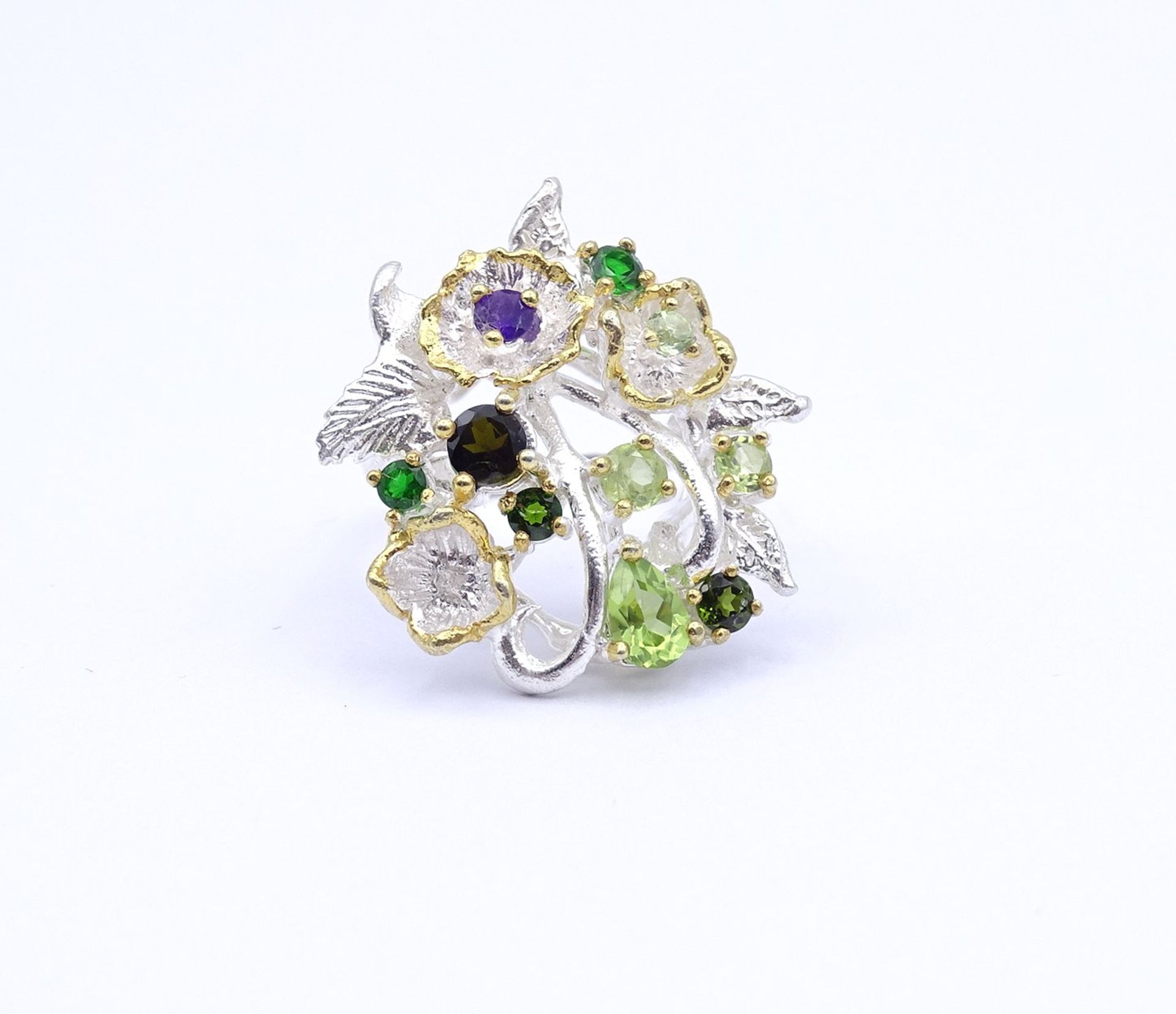 Edelstein Ring, Sterling Silber, Peridot,Chromdiopsid,Amethyst, RG 55, 8,3g.