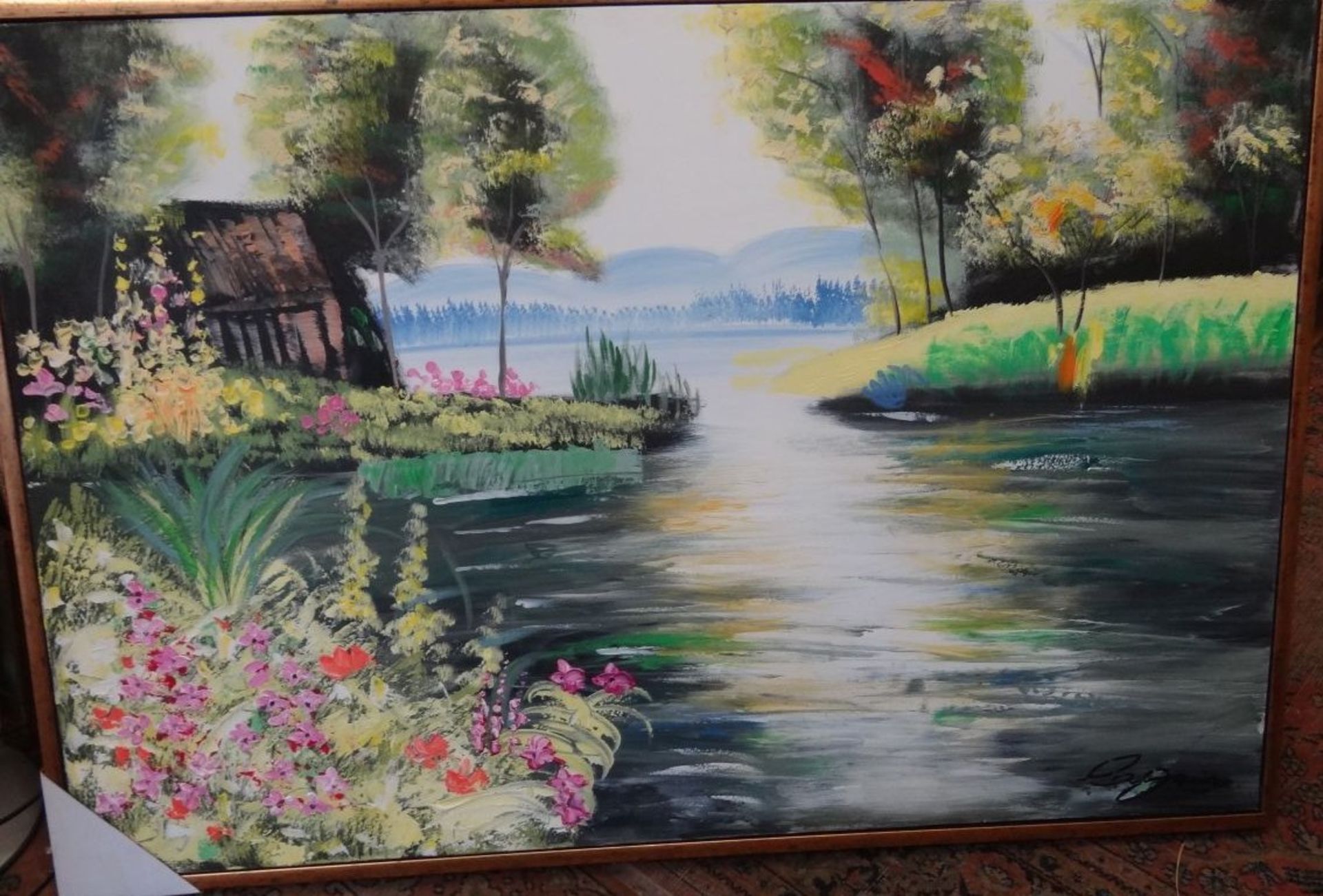 unleserl. sign. grosses Gemälde "Haus am Fluss", Öl/Leinen, gerahmt, RG 83x124 cm - Bild 2 aus 6
