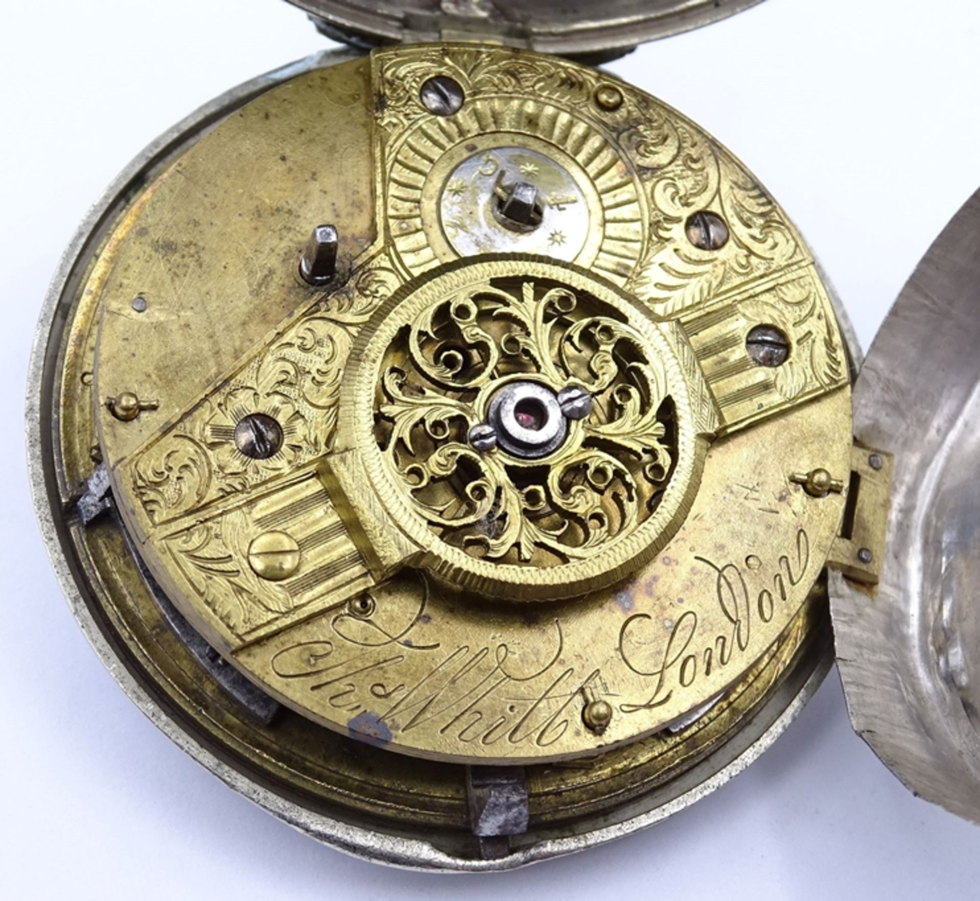 Alte Spindeltaschenuhr "Thomas Whitt", London, D. 57mm, Schlüsselwerk, Metall,orig. Glas, mit Schut - Bild 12 aus 12