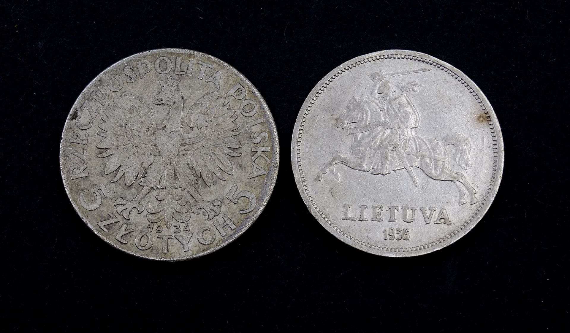 Zwei Silber Münzen, 5 Litai 1936 / 5 Zlotych 1934, zus. 19,7g. - Image 2 of 2