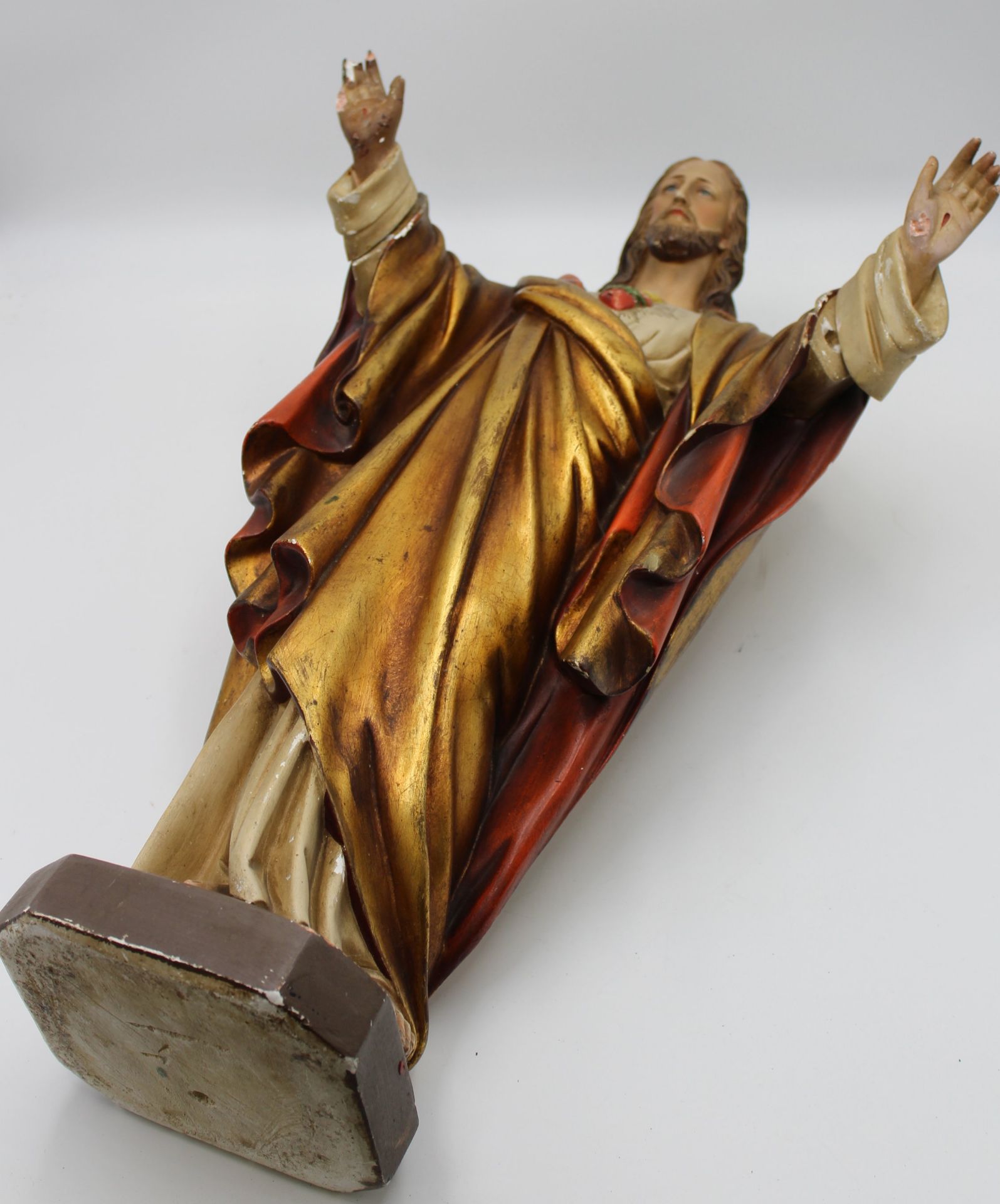 hohe Stuck-Figur, Christus in segnender Haltung, farbig gefasst, div. Beschädigungen (Hand etc.), H - Bild 6 aus 6