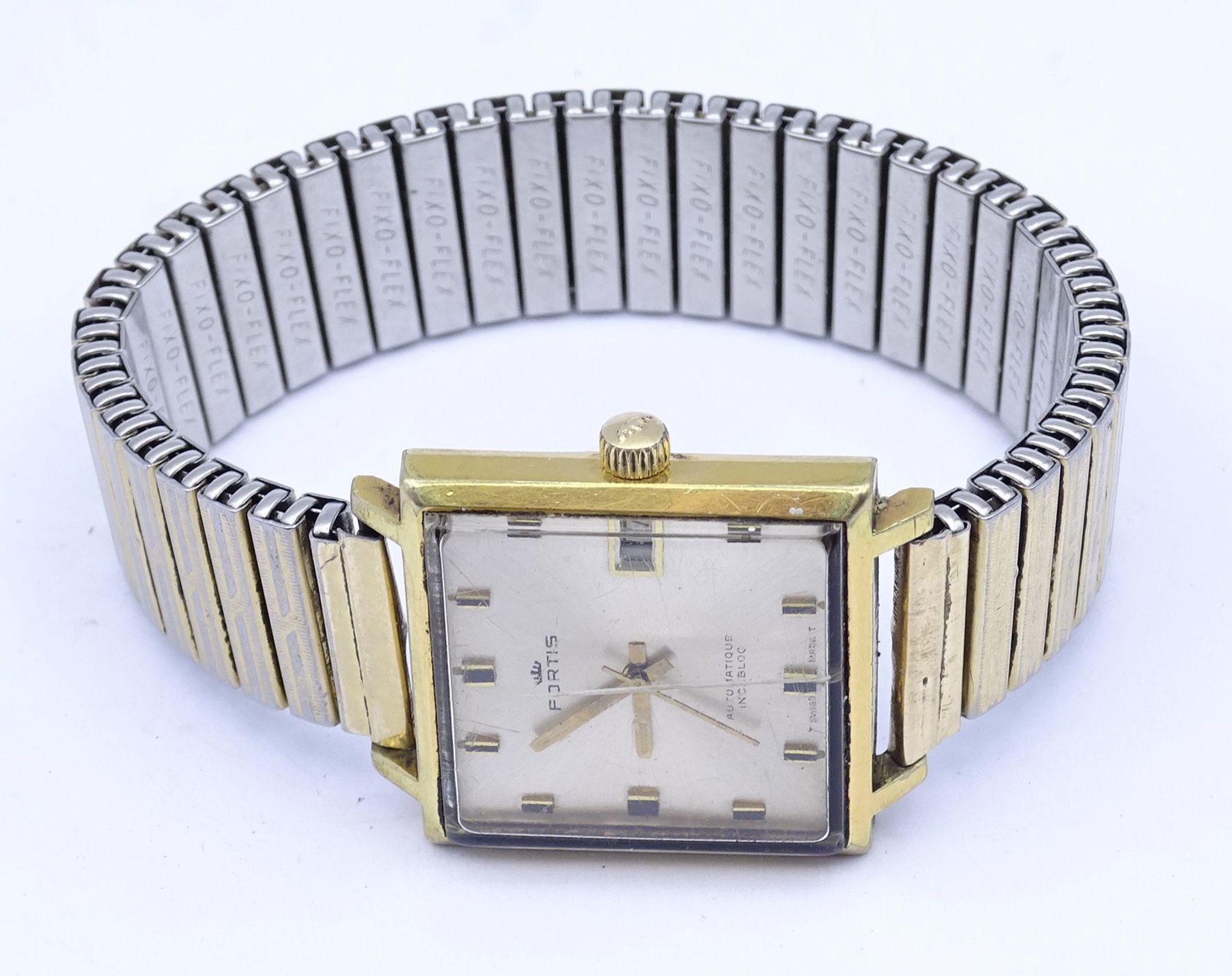 Herren Armbanduhr Fortis, Automatikwerk, Werk steht, Gehäuse 30x30mm, Tragespuren, Glas gesprungen - Bild 2 aus 4