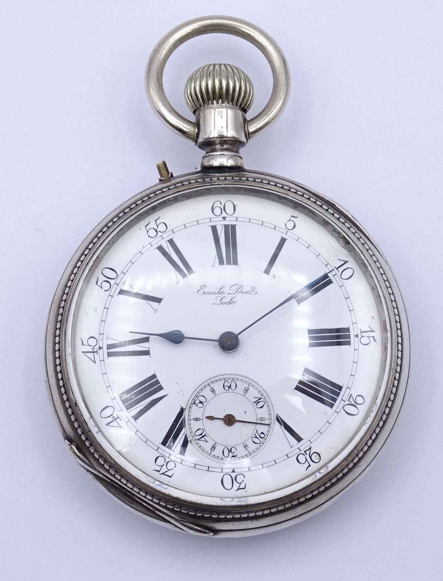 Herren Taschenuhr Emile Droz Locle, Silbergehäuse, mechanisch, Werk läuft, D. 57mm, Deckel mit Loko