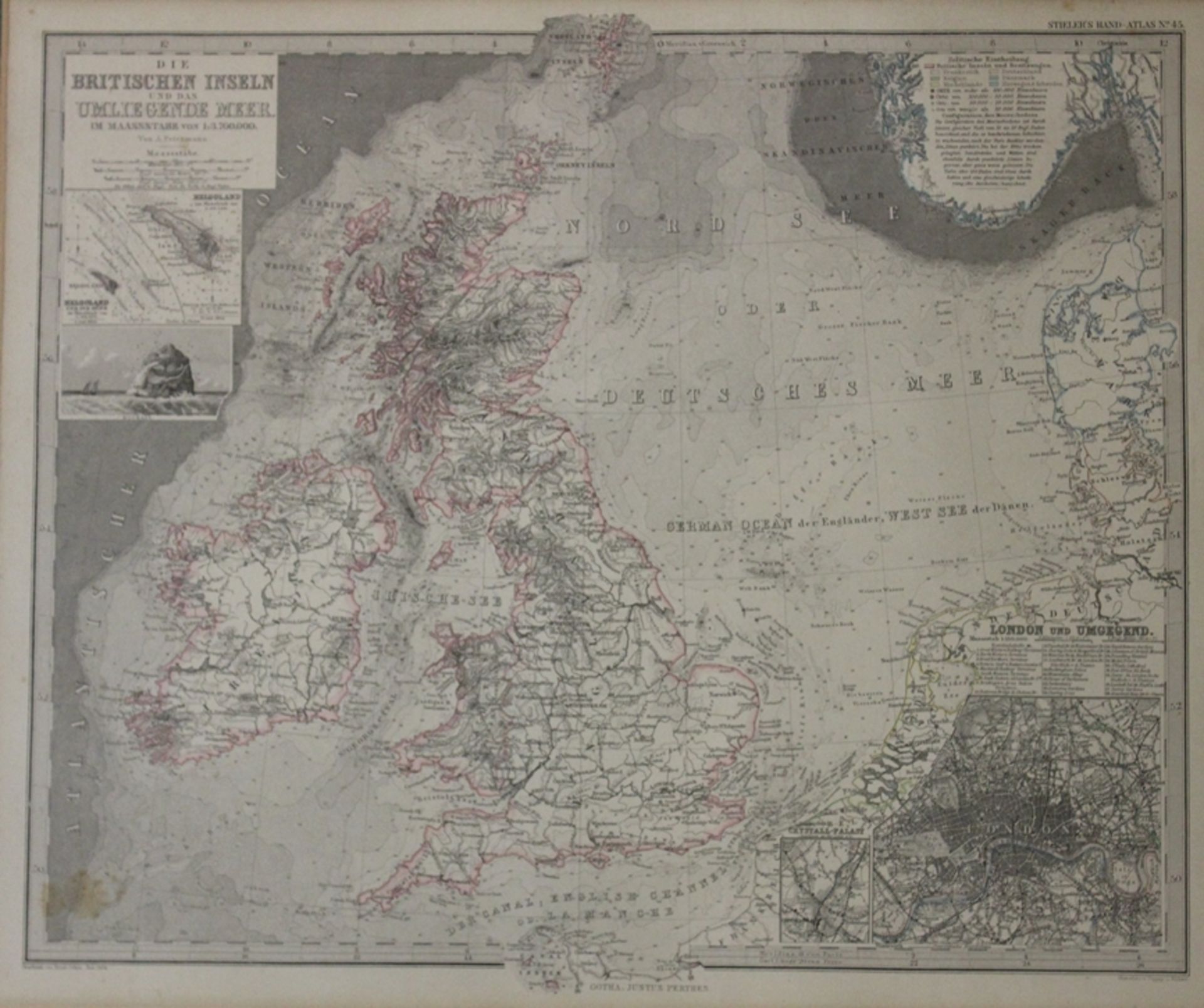 Kartengrafik, Die Britischen Inseln und das umliegende Meer, gut gerahmt/Glas, RG 52 x 58cm.