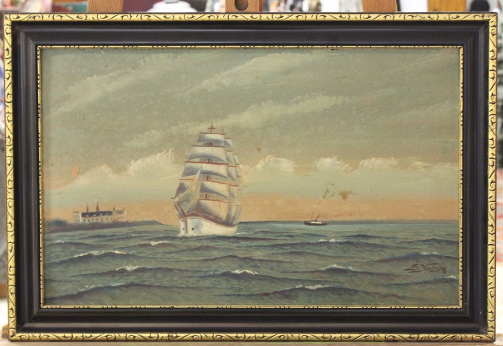 S.Nitsch, Segler mit Dampfer im Hintergrund, Öl/Hartfaser, gerahmt, RG 43 x 64cm. - Bild 3 aus 4