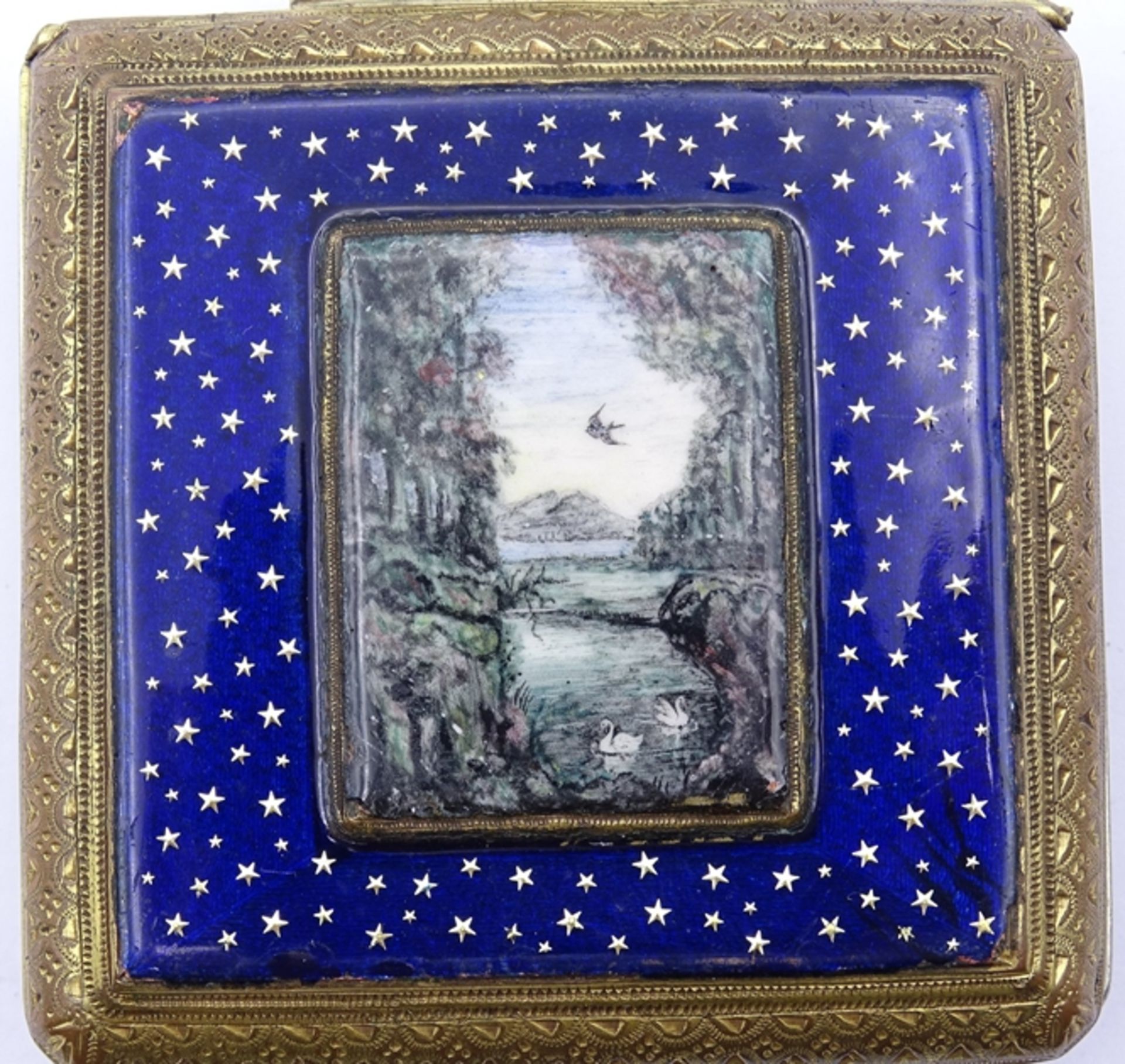 Alte große eckige Taschenuhr mit Emaille Malerei auf Rückendeckel, Sternenbild und Seeansicht, mech - Bild 4 aus 8