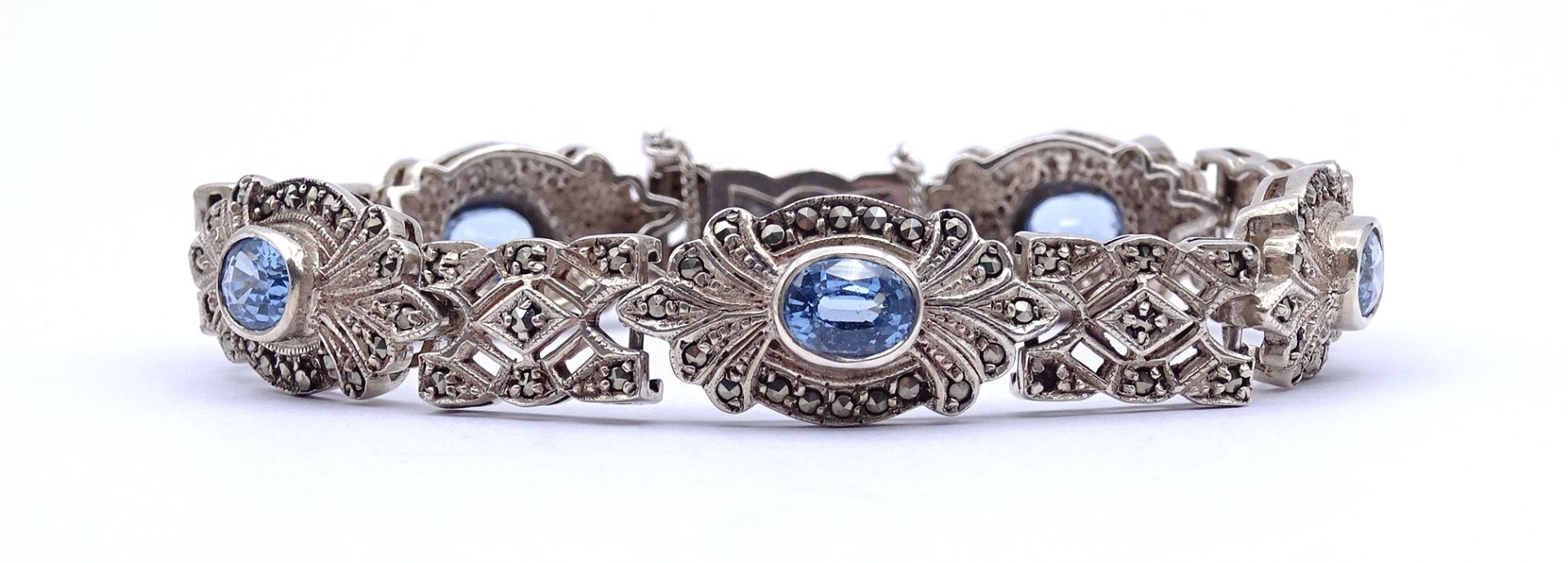 Schönes Silber Armband mit Markasiten und 5 oval facc. Blautopasen, Sterling Silber 0.925, L. 19,5c