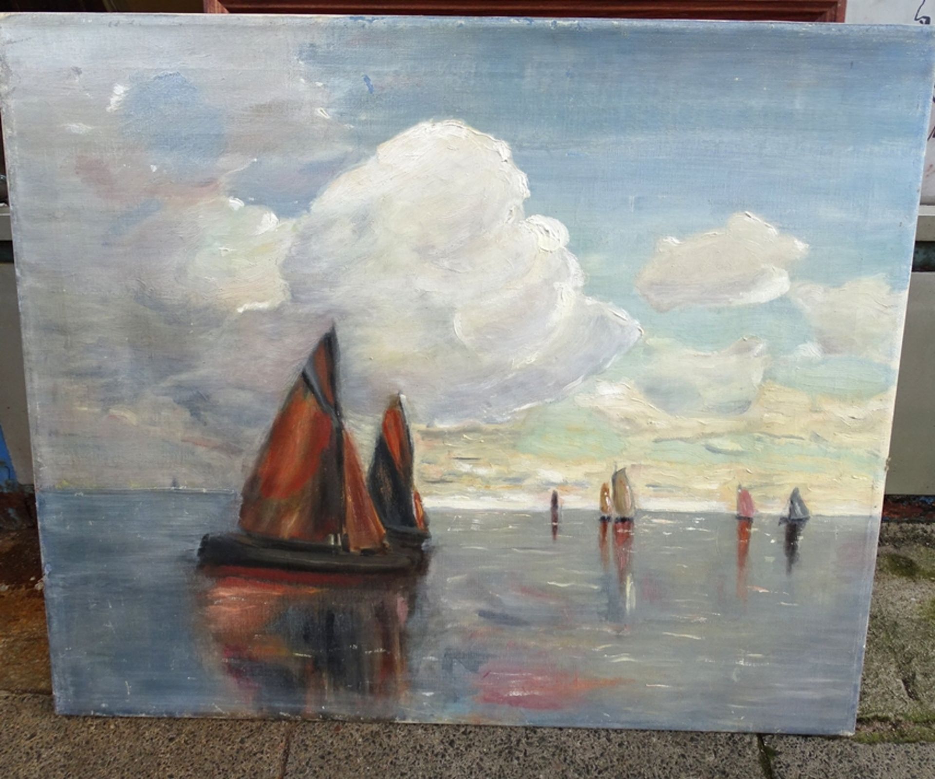 unsigniertes Gemälde mit Segelschiffen, ungerahmt, Öl/Leinen, 50 x 60 cm