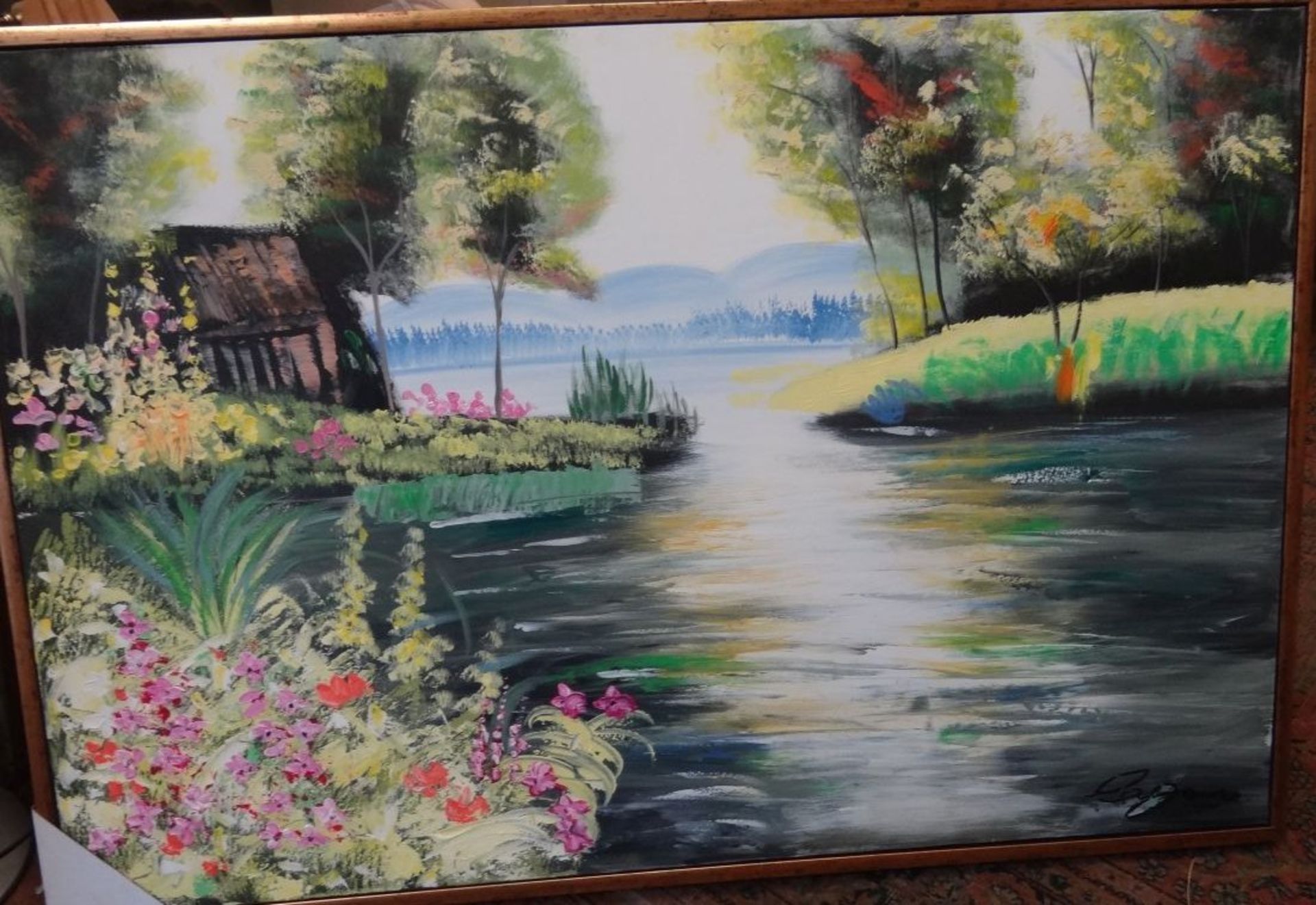 unleserl. sign. grosses Gemälde "Haus am Fluss", Öl/Leinen, gerahmt, RG 83x124 cm