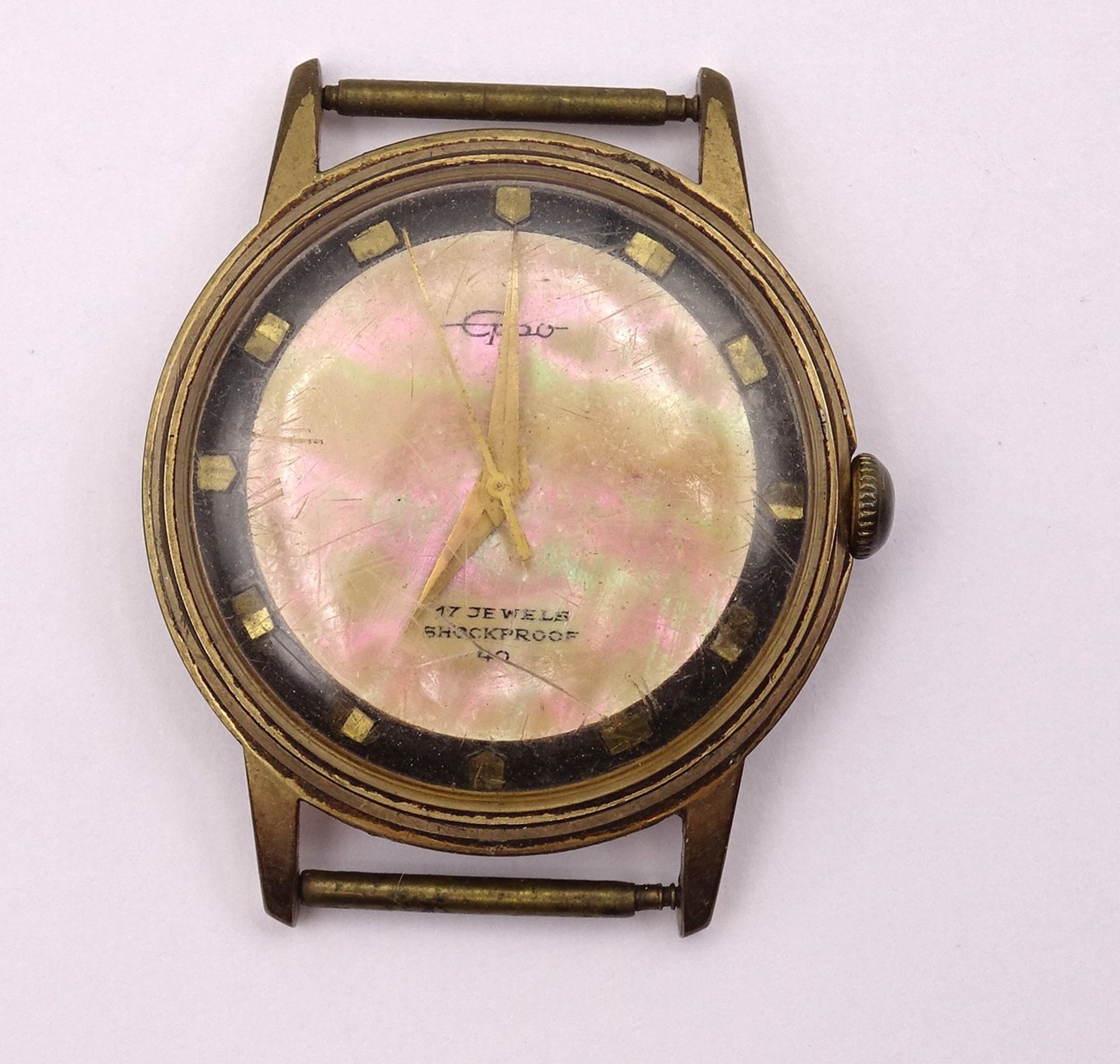 Armbanduhr Eppo, mit Perlmutt Zifferblatt, mechanisch, Werk läuft kurz an, D. 33mm