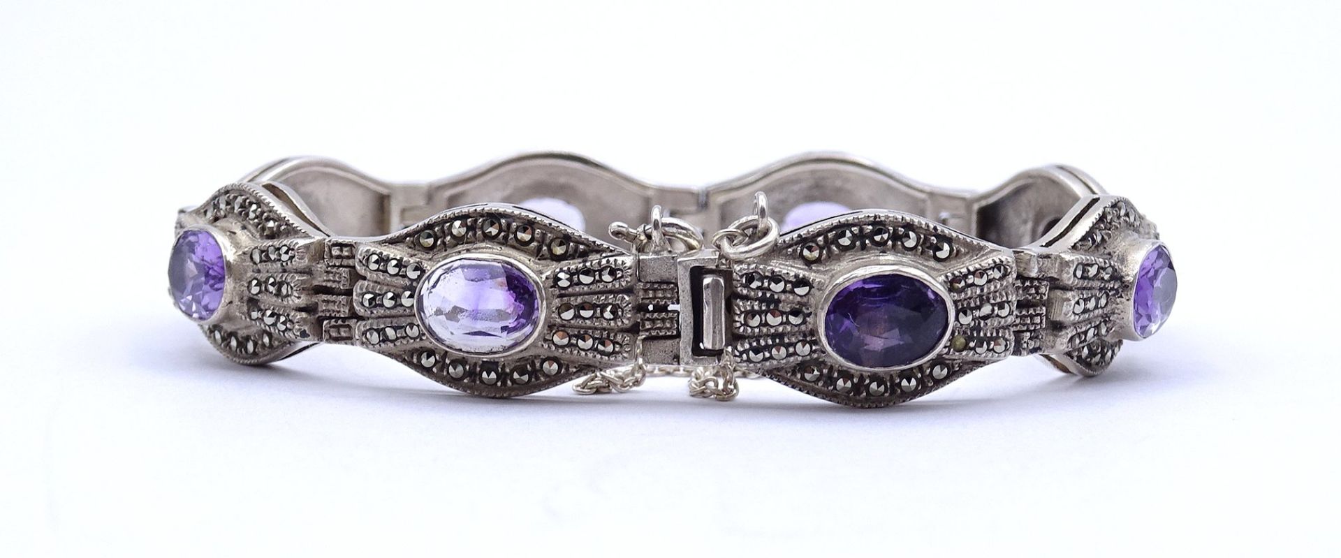 Schönes Silber Armband mit Markasiten und 8 oval facc. Amethyste, Sterling Silber 0.925, L. 18cm, 3 - Bild 3 aus 4