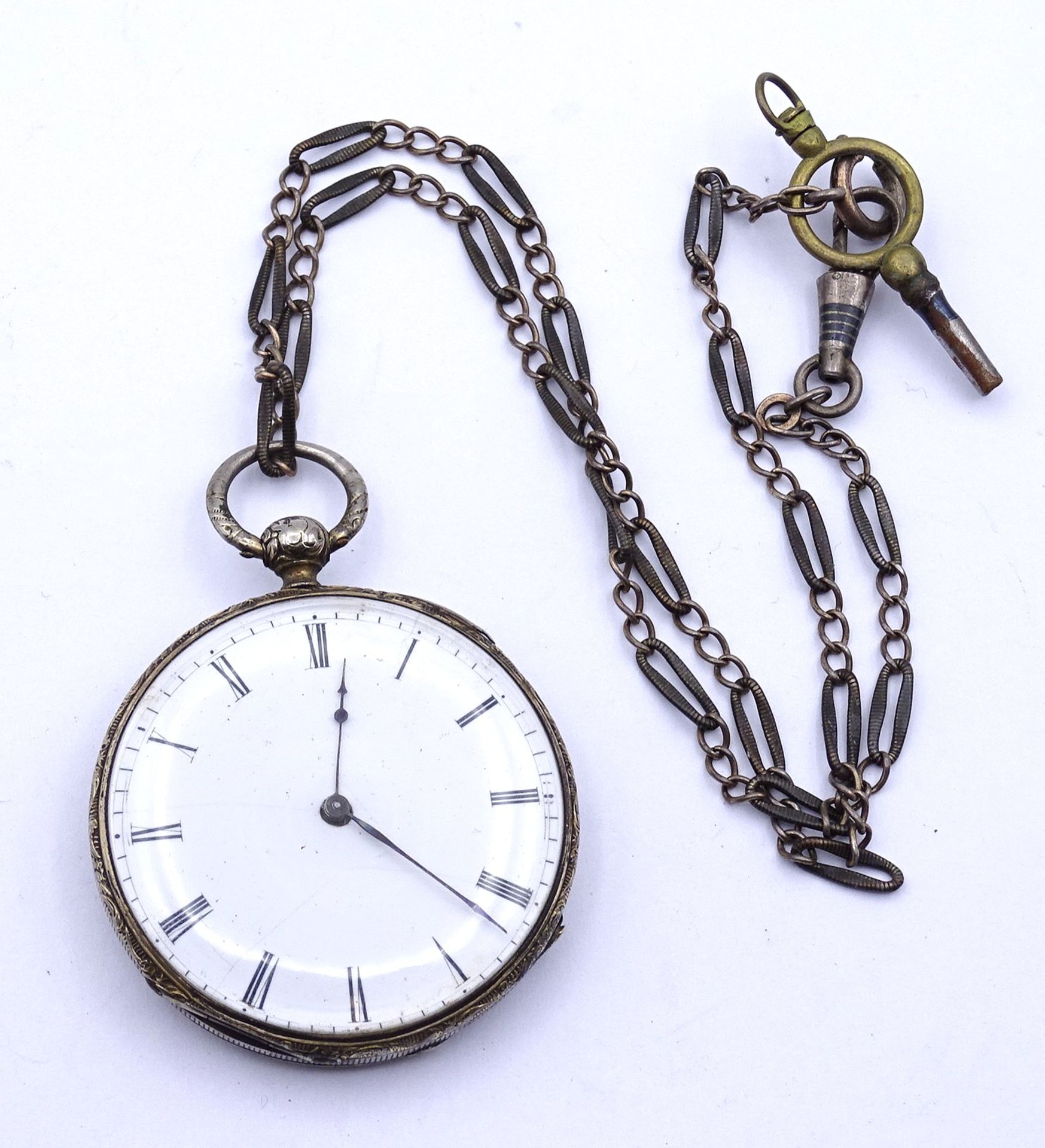Taschenuhr, Markenlos, Silbergehäuse, anbei Uhrenkette aus Silber, Schlüsselwerk, Werk steht, D. 43