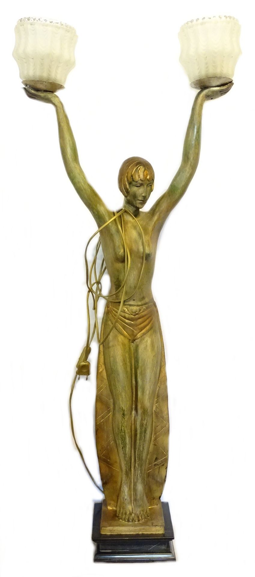 Hohe Art Deco Bronze Lampe Tänzerin, Marmorsockel, H. 120cm, linke Halterung etwas lose, fehlende S