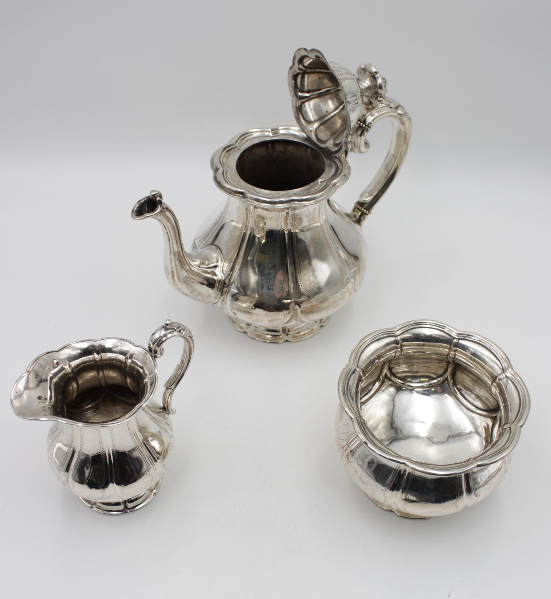 Teekern, 12lötiges Silber, Biedermeier, Berlin ?, zus. 866,3gr., Kanne H-20cm, guter Zustand - Bild 3 aus 5