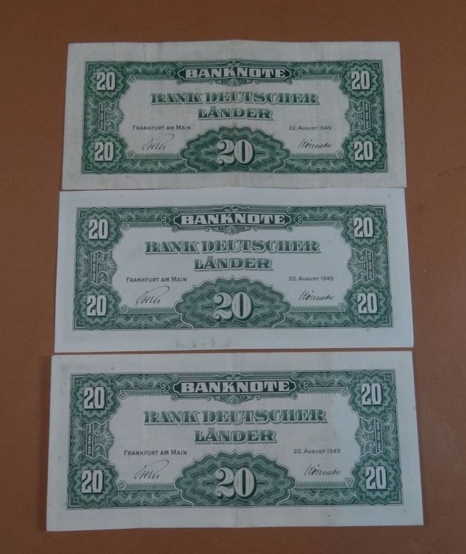 3x 20 DM Scheine, 1949, Bank deutscher Länder, gut erhalten