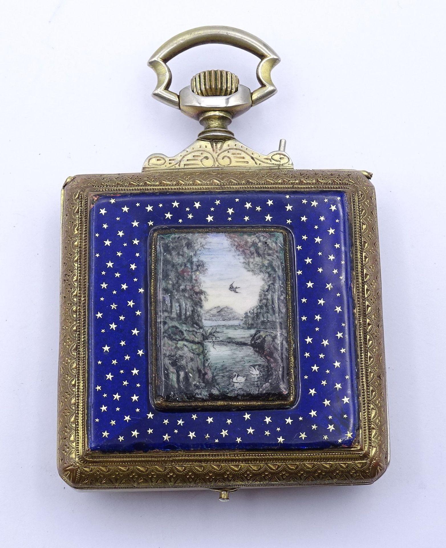 Alte große eckige Taschenuhr mit Emaille Malerei auf Rückendeckel, Sternenbild und Seeansicht, mech - Bild 3 aus 8