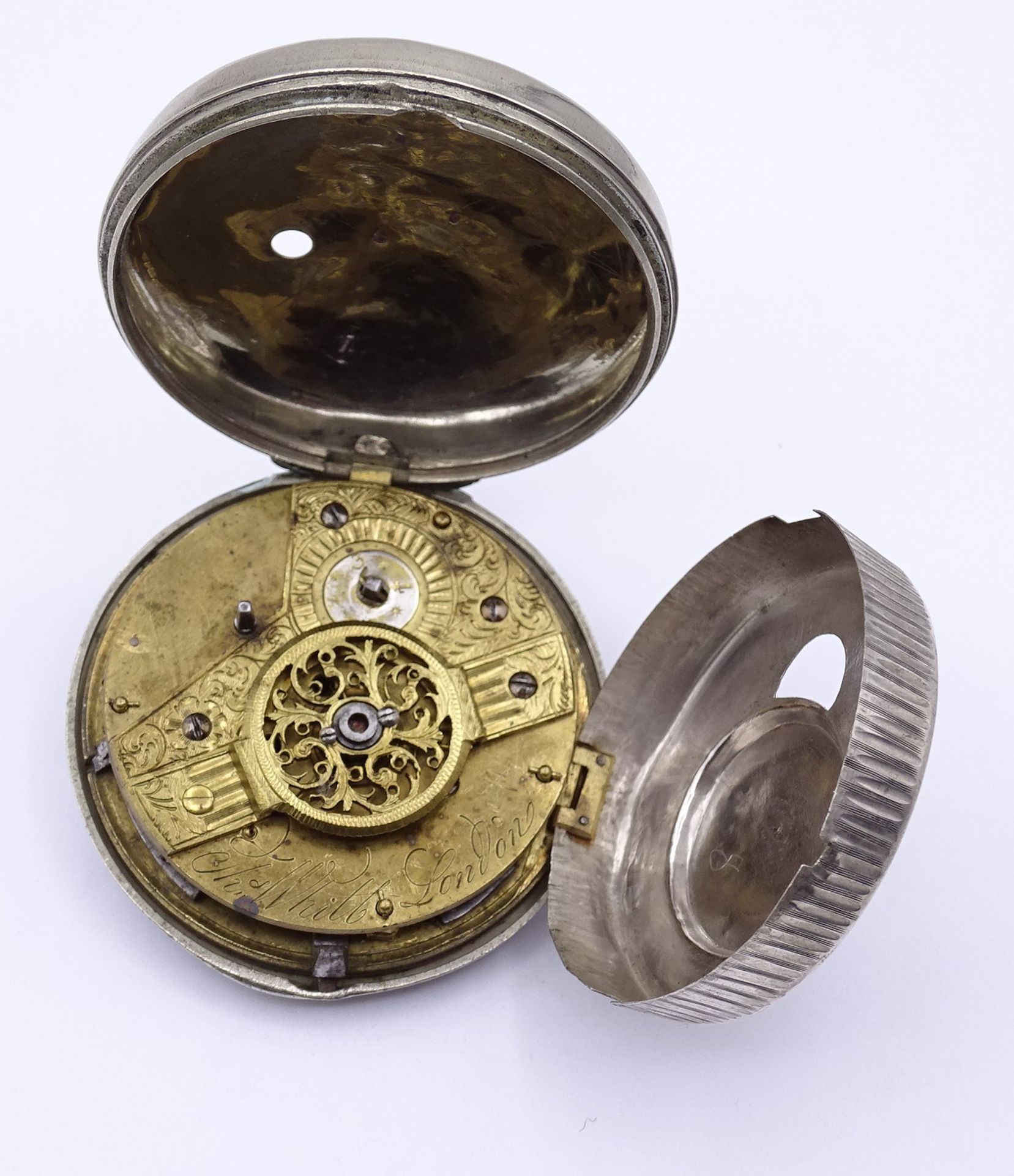 Alte Spindeltaschenuhr "Thomas Whitt", London, D. 57mm, Schlüsselwerk, Metall,orig. Glas, mit Schut - Bild 11 aus 12