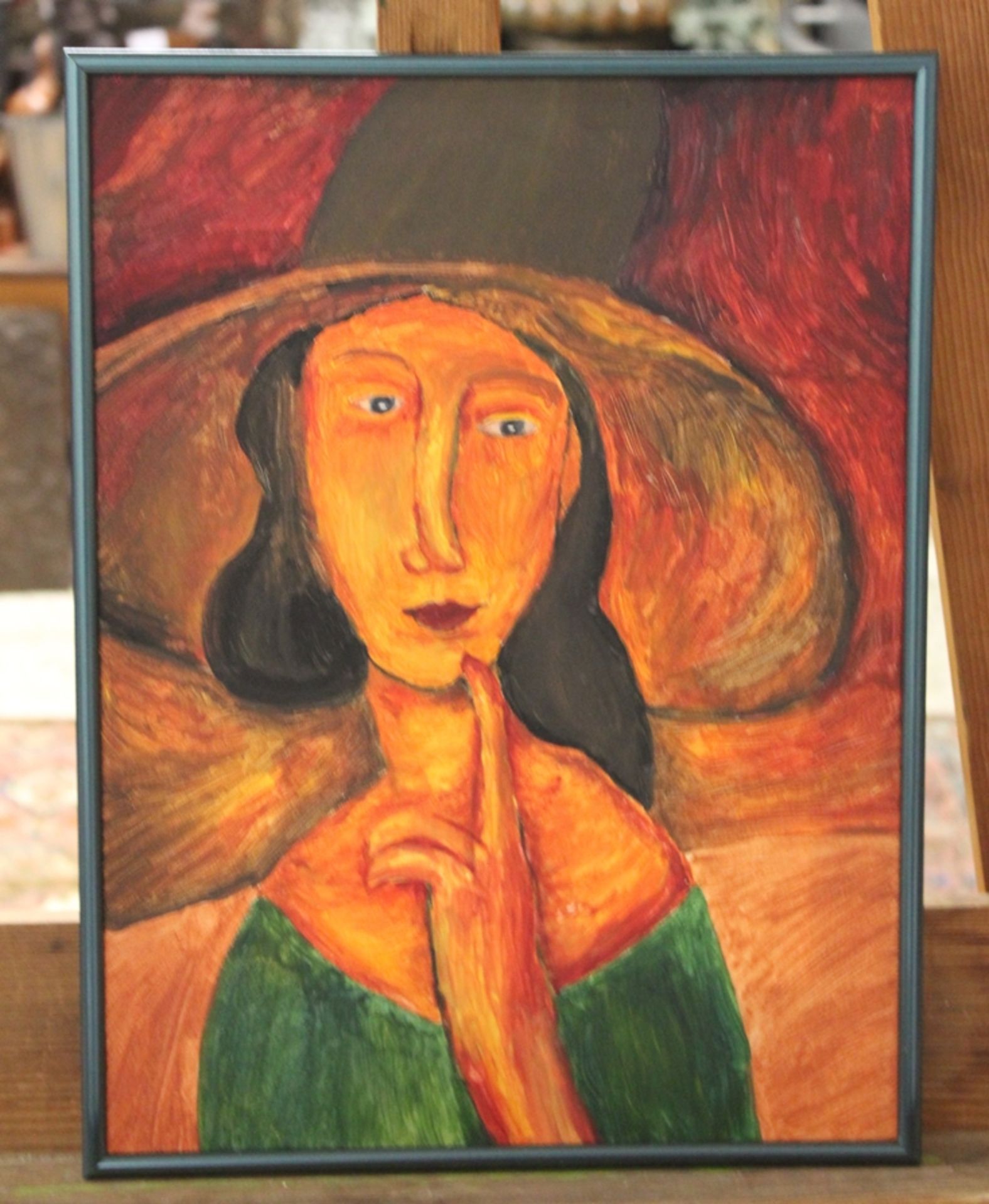 anonyme Kopie nach Modigliani, Dame mit Hut, Öl/Leinwand, gerahmt, RG 41 x 31cm. - Image 2 of 4