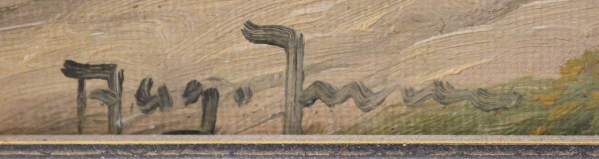 Aug. Jensen o,.ä., Landschaft mit Gehöft, um 1900, Öl/Leinwand, gerahmt, RG 39,5 x 82cm. - Bild 2 aus 4