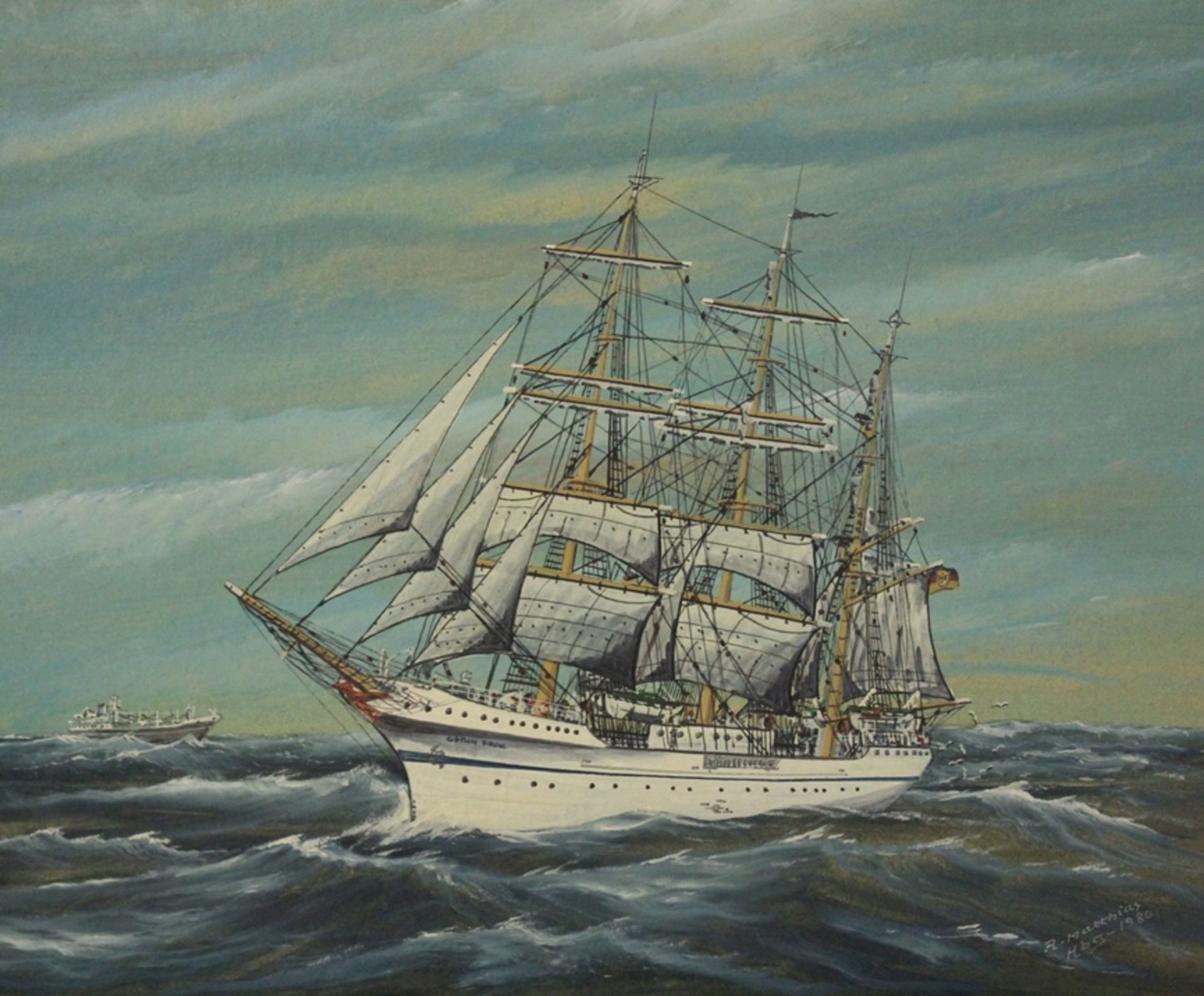 R.Matthias Hbg 1980, Gorch Fock, Öl/Malkarton, ungerahmt, 50 x 60cm.