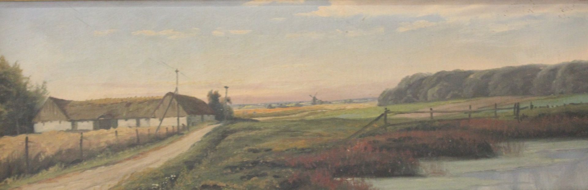 Aug. Jensen o,.ä., Landschaft mit Gehöft, um 1900, Öl/Leinwand, gerahmt, RG 39,5 x 82cm.