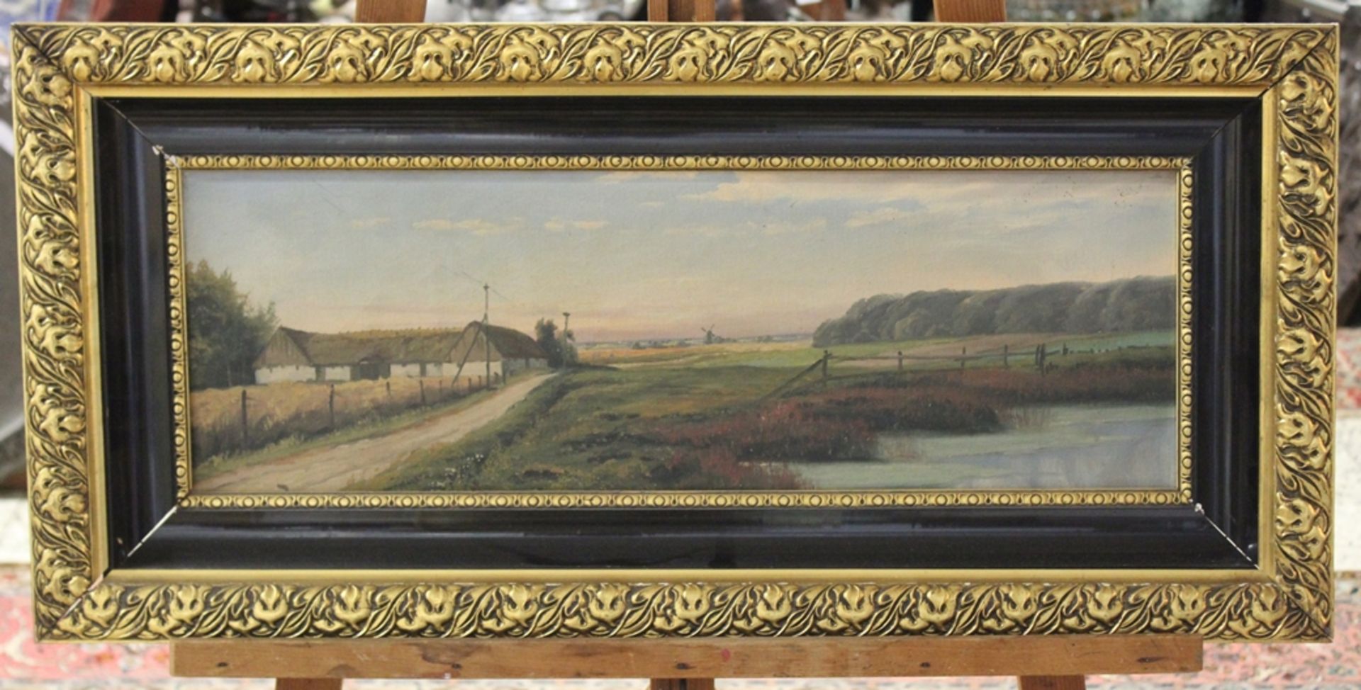 Aug. Jensen o,.ä., Landschaft mit Gehöft, um 1900, Öl/Leinwand, gerahmt, RG 39,5 x 82cm. - Bild 3 aus 4