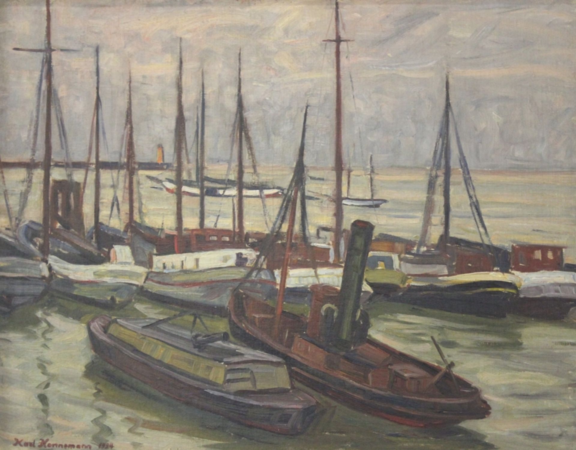 Karl HENNEMANN (1884-1972), Alter Hafen, Cuxhaven, datiert 1934, Öl/Hartfaser, gut gerahmt, RG 64,5