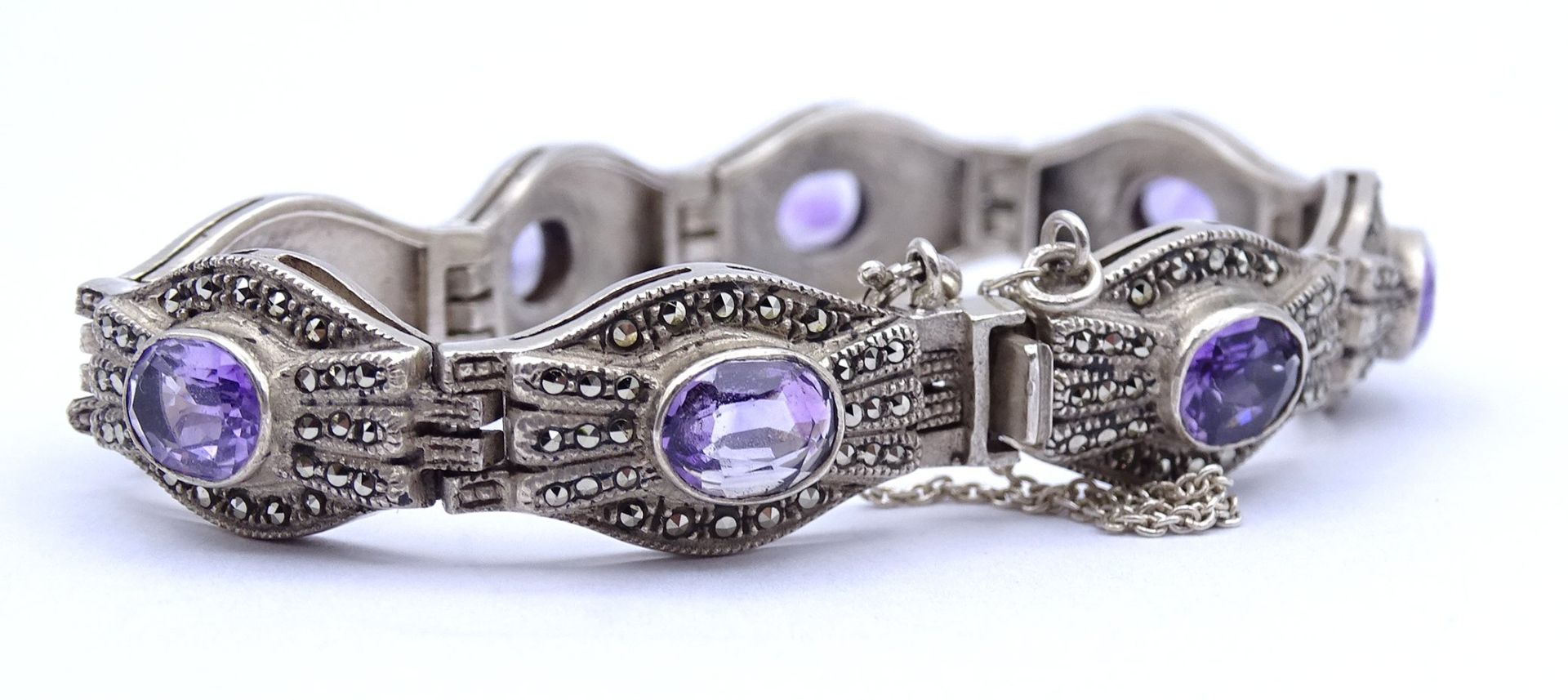 Schönes Silber Armband mit Markasiten und 8 oval facc. Amethyste, Sterling Silber 0.925, L. 18cm, 3 - Bild 4 aus 4