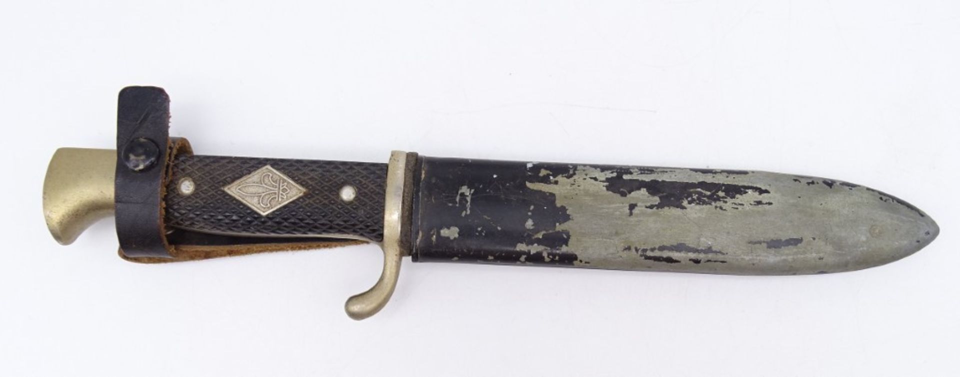 Pfadfindermesser DES Solingen, Griff mit Lilienemblem in Raute, Metallscheide, L. Klinge: 24,5 cm