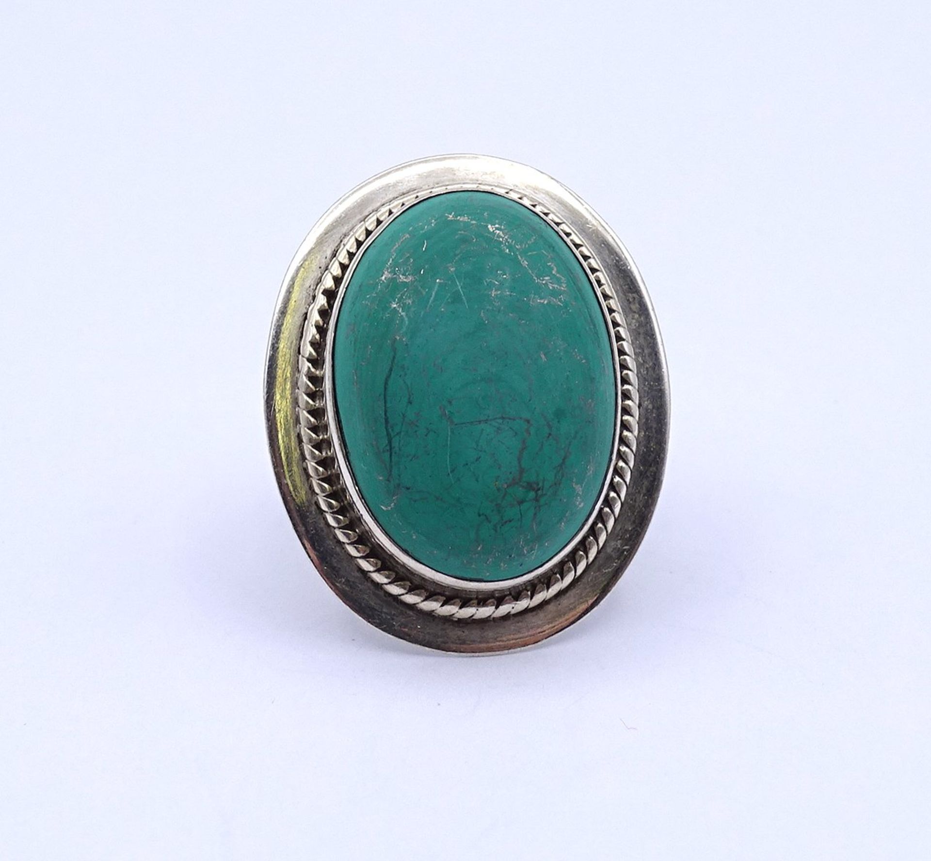 Silber Ring mit einem türkisen Cabochon, 0.925, 11,4g., Kopf 30x24mm, RG 54