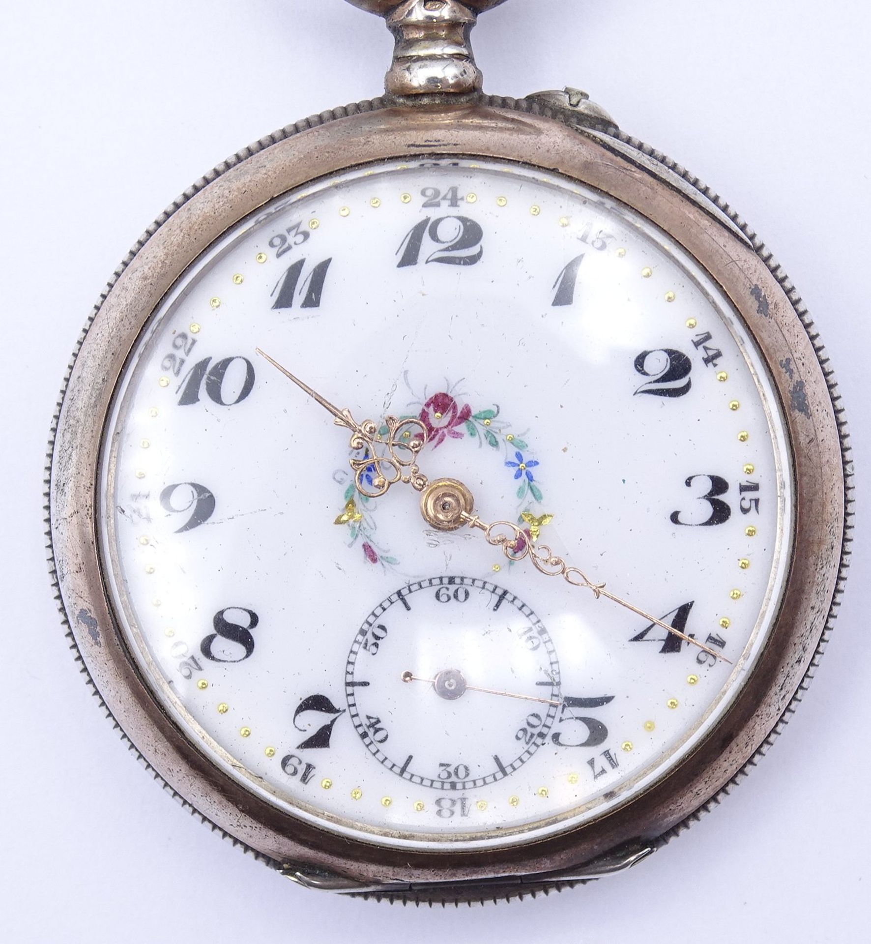 Taschenuhr mit Emaille Zifferblatt, Silbergehäuse 0.800, mechanisch, Werk steht - Image 2 of 6