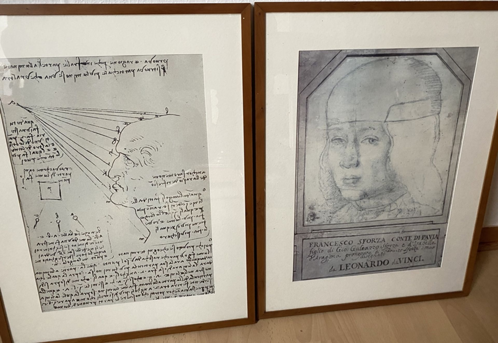 2x Grafiken nach Leonardo da Vinci, 1x Portrait Sforza, 1x Selbstportrait mit seiner typischen Rück